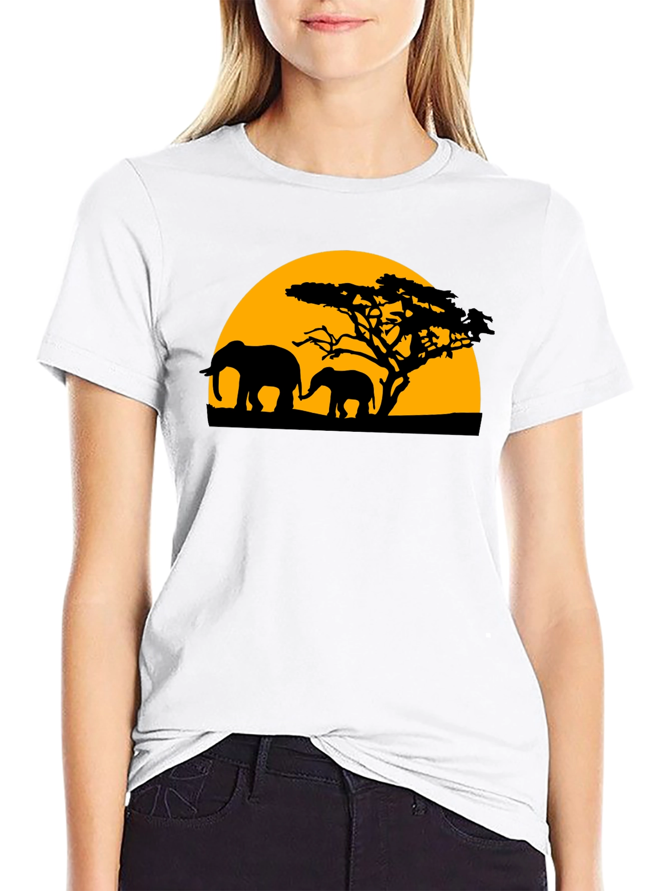 Elephant Sunset Graphic Tee - Black Cotton T-Shirt