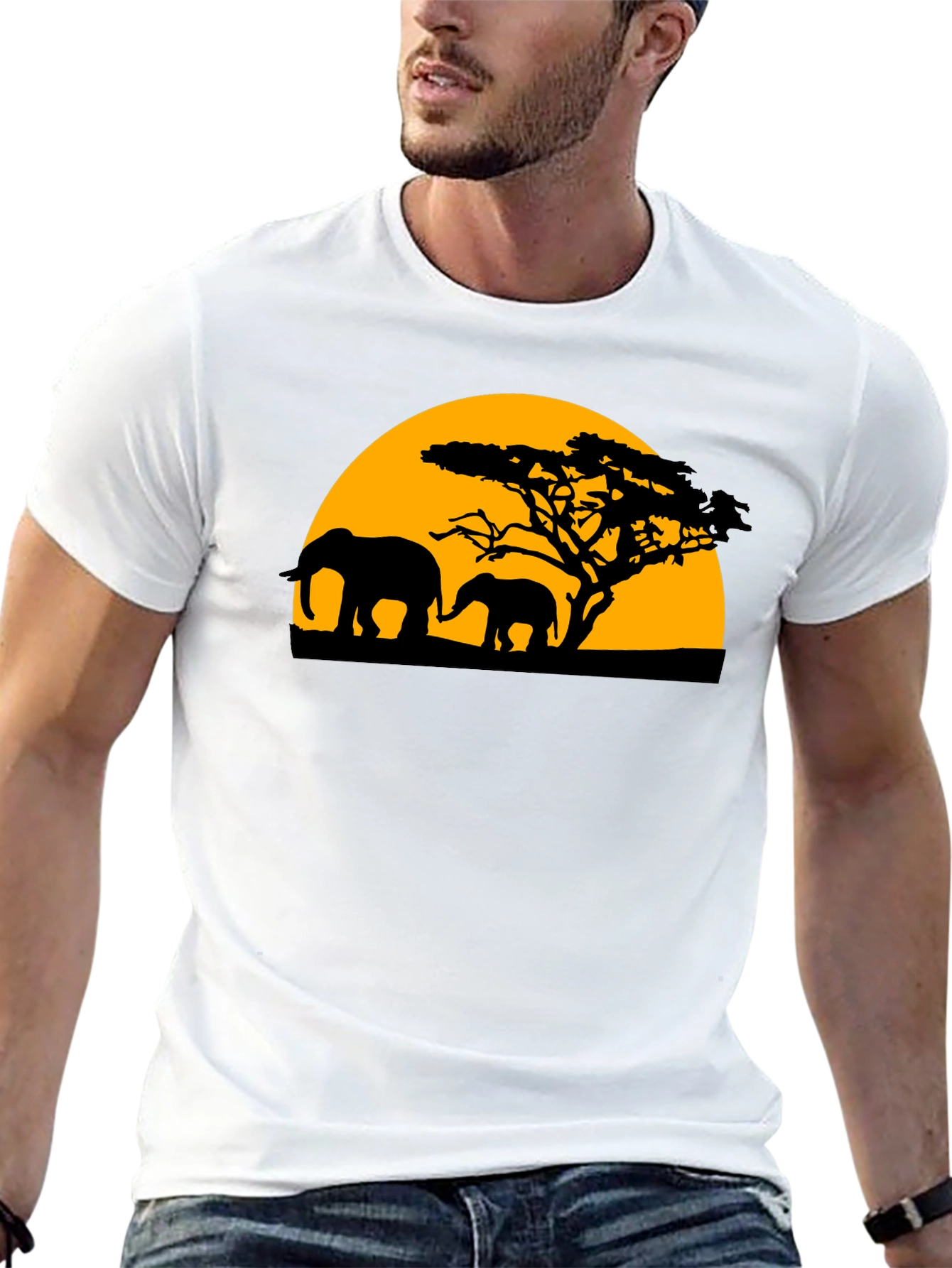 Elephant Sunset Graphic Tee - Black Cotton T-Shirt