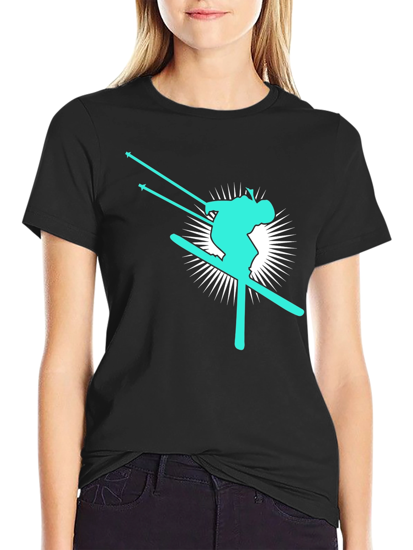 Skier Graphic T-Shirt - Black Cotton Blend