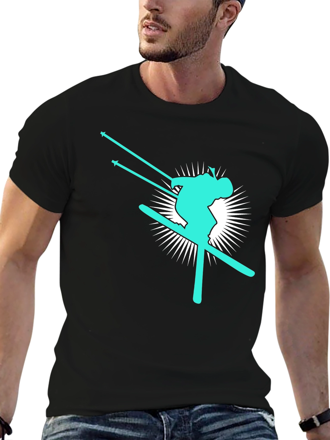 Skier Graphic T-Shirt - Black Cotton Blend