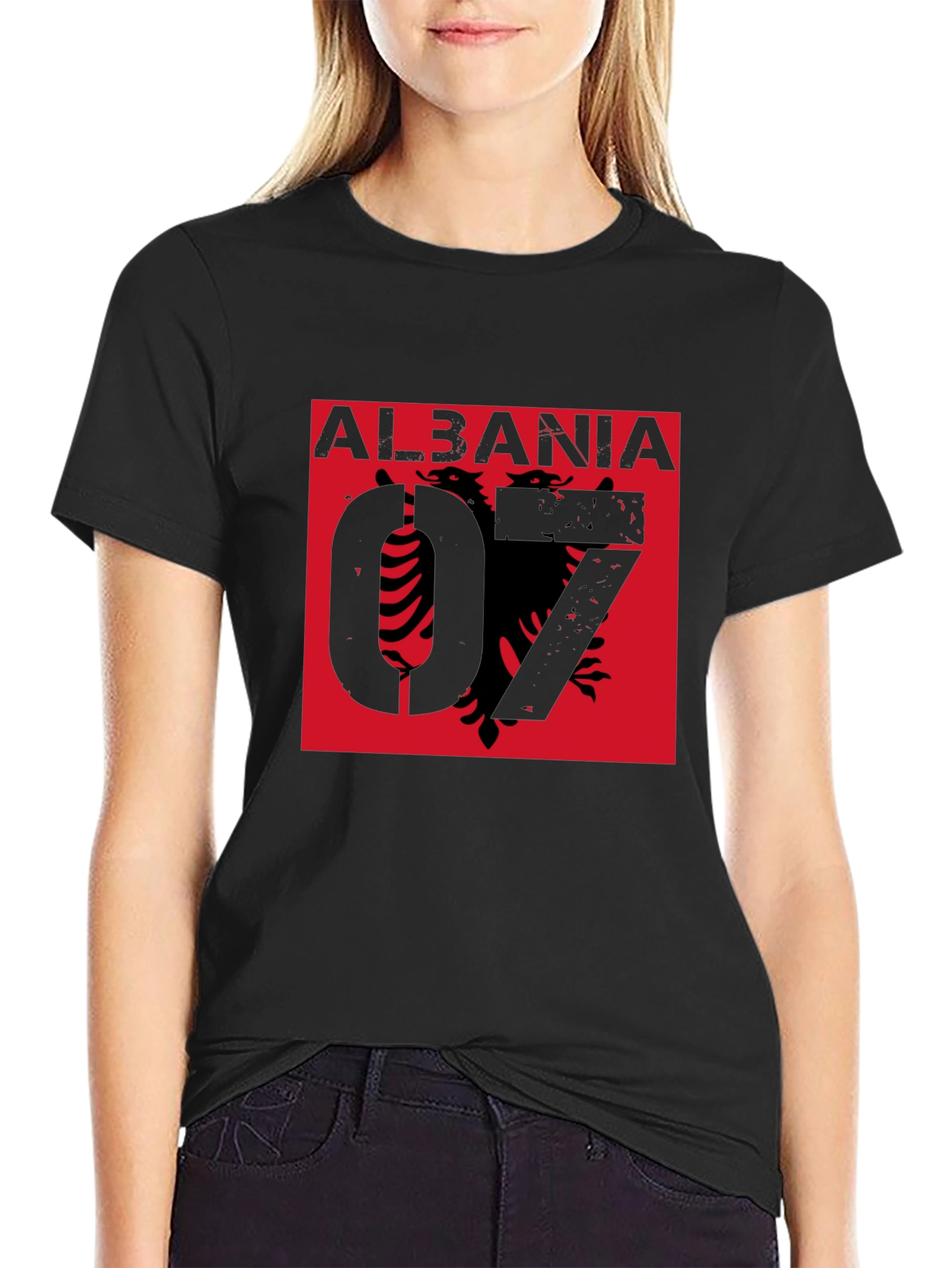 Albania Graphic Tee - Distressed Design on Black