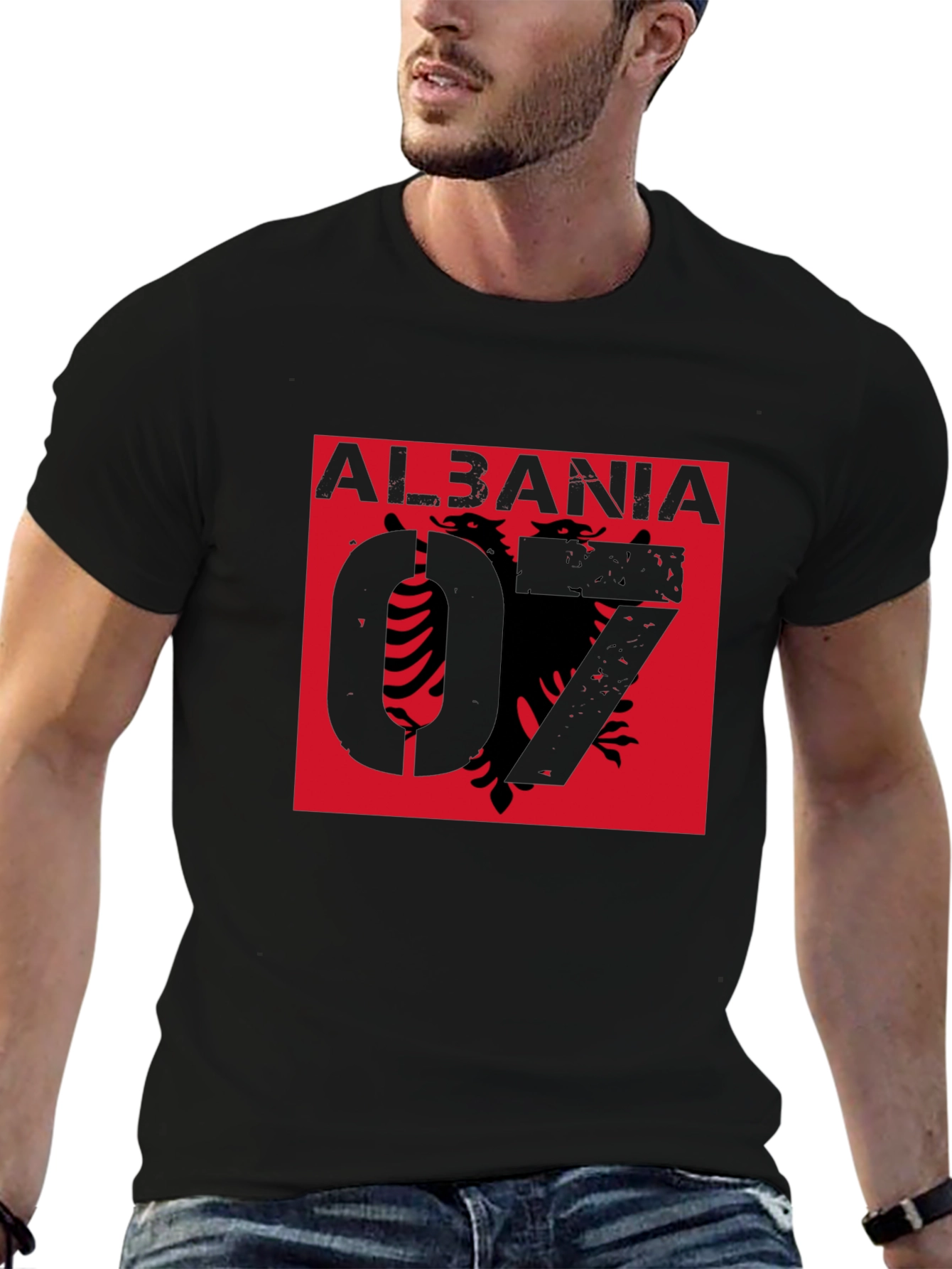 Albania Graphic Tee - Distressed Design on Black