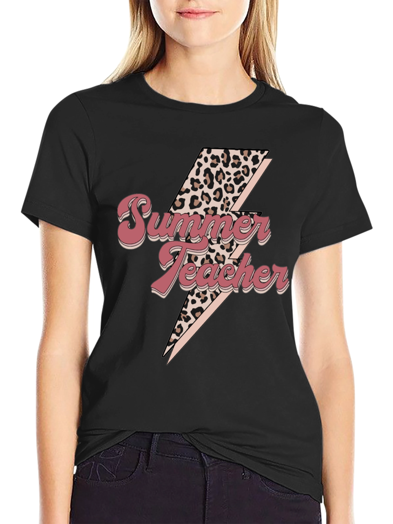Summer Teacher Leopard Bolt Tee