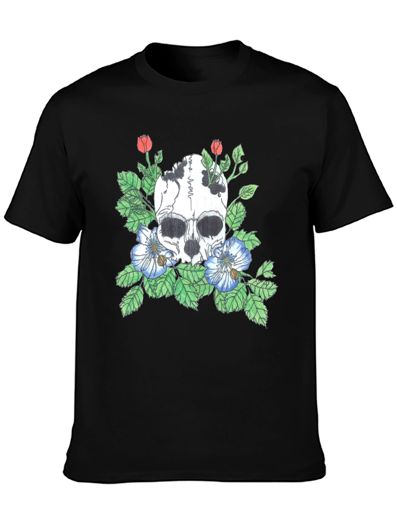 Skull and Flowers Graphic Tee - Black
