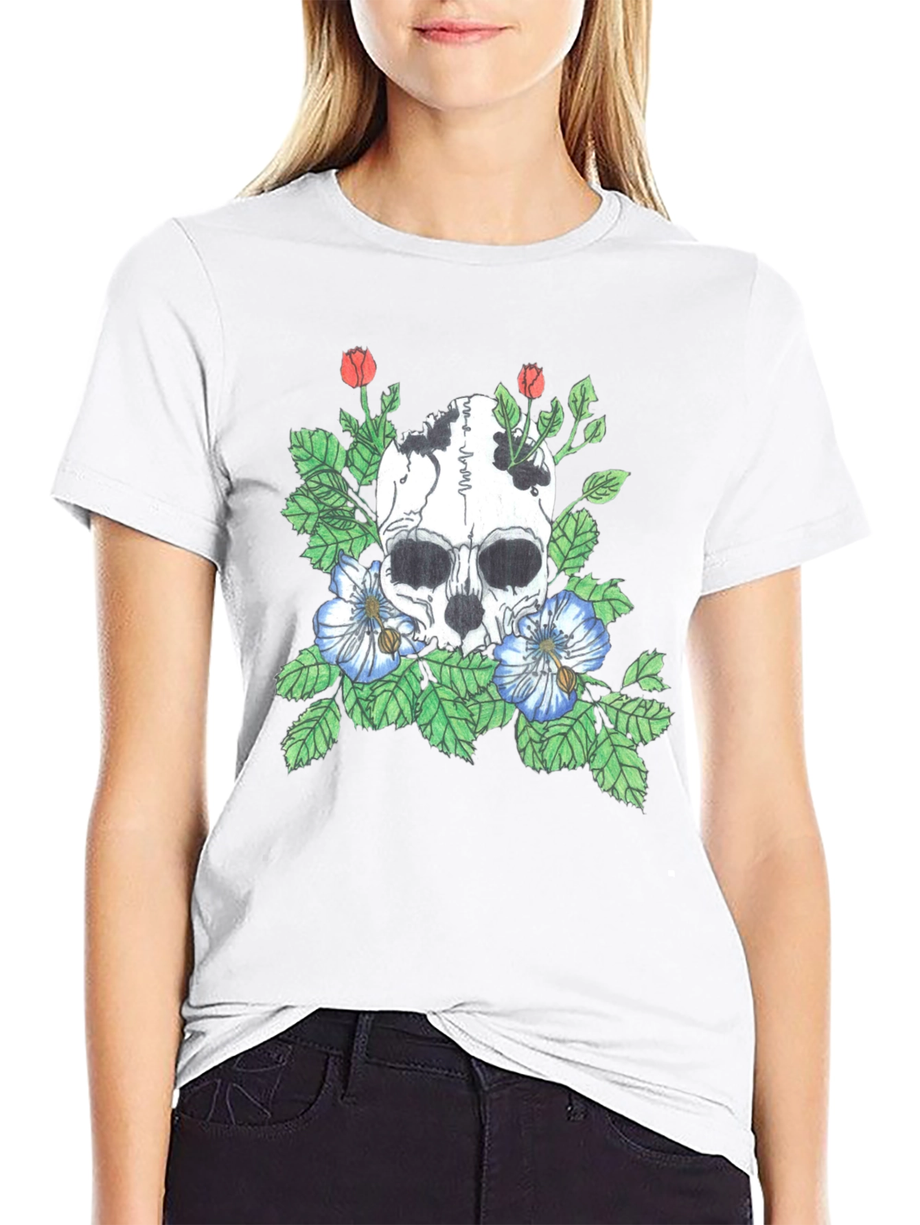 Skull and Flowers Graphic Tee - Black