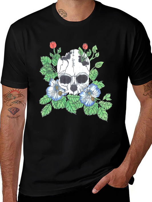 Skull and Flowers Graphic Tee - Black