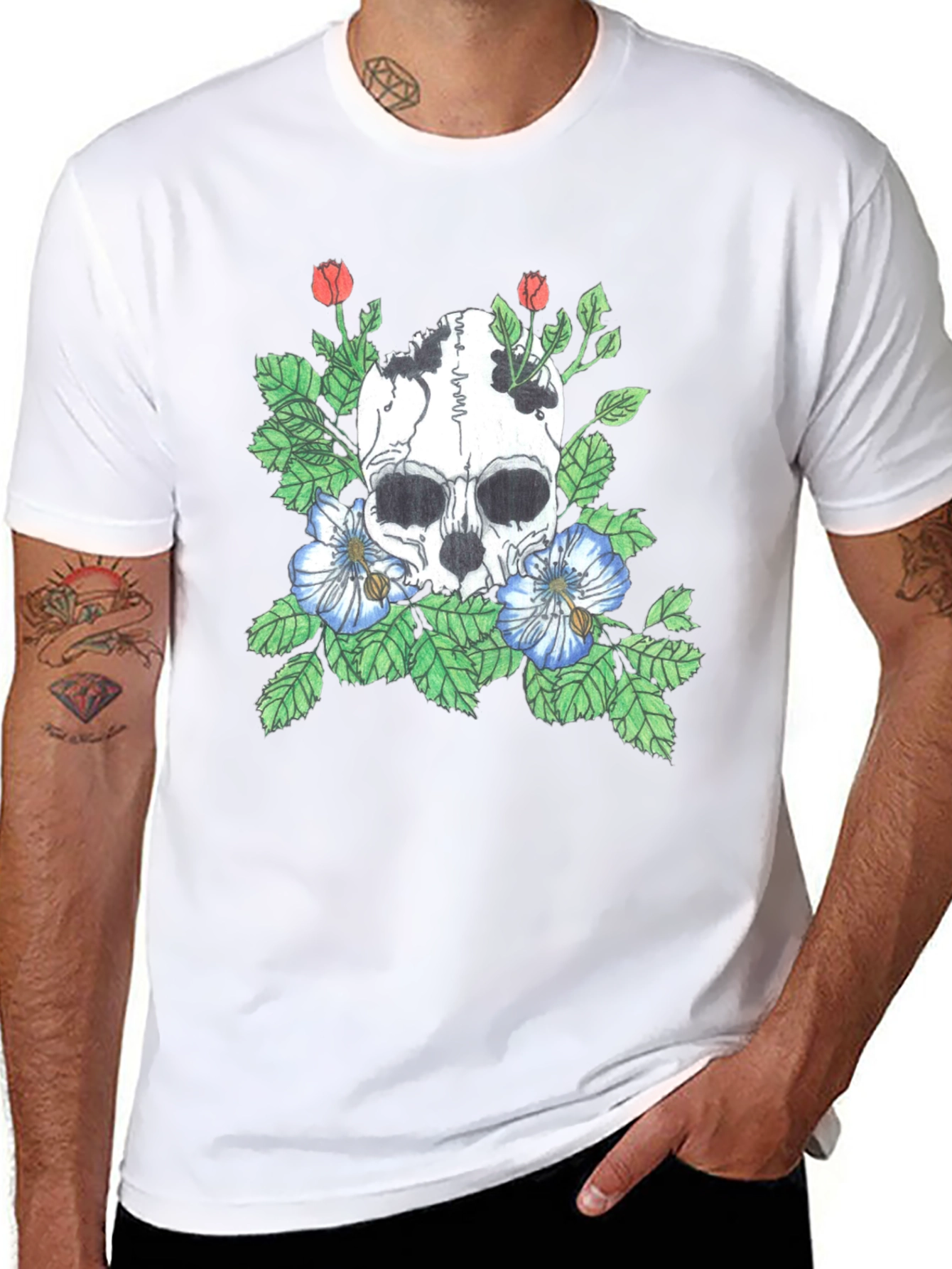 Skull and Flowers Graphic Tee - Black
