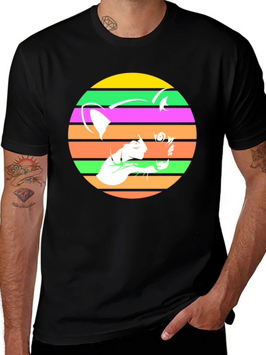 Retro Cat Graphic Tee - Colorful Striped Design