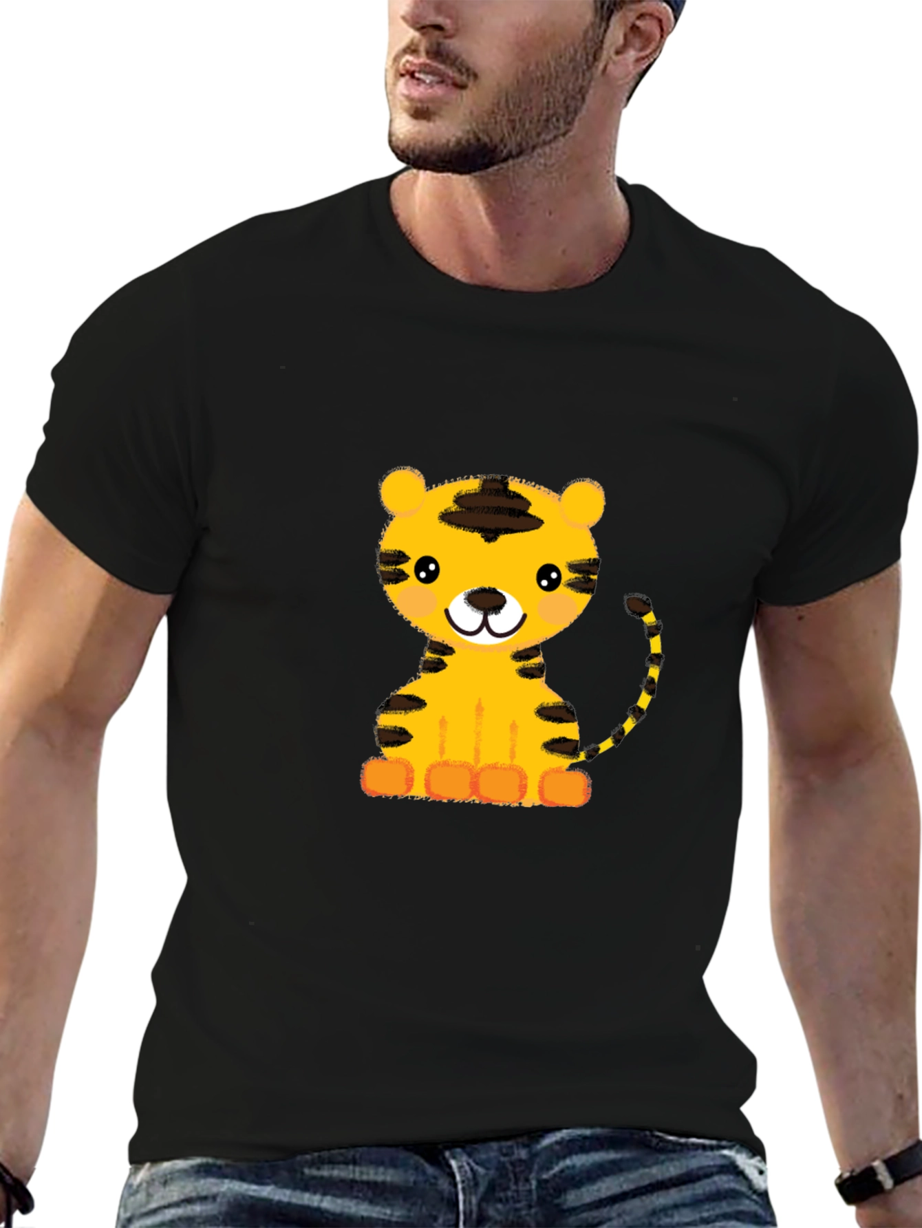 Cute Cartoon Tiger Graphic Black T-Shirt