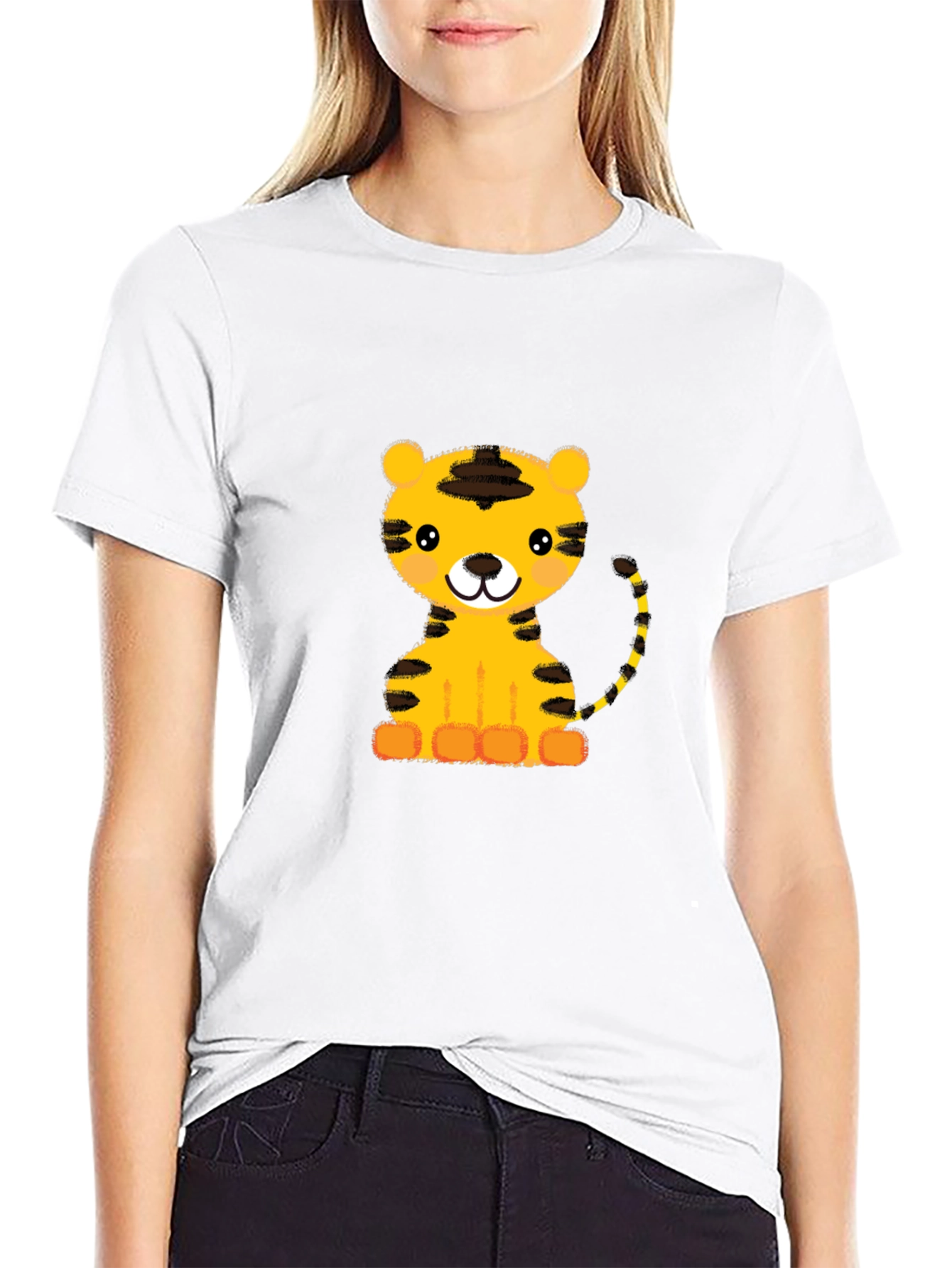 Cute Cartoon Tiger Graphic Black T-Shirt