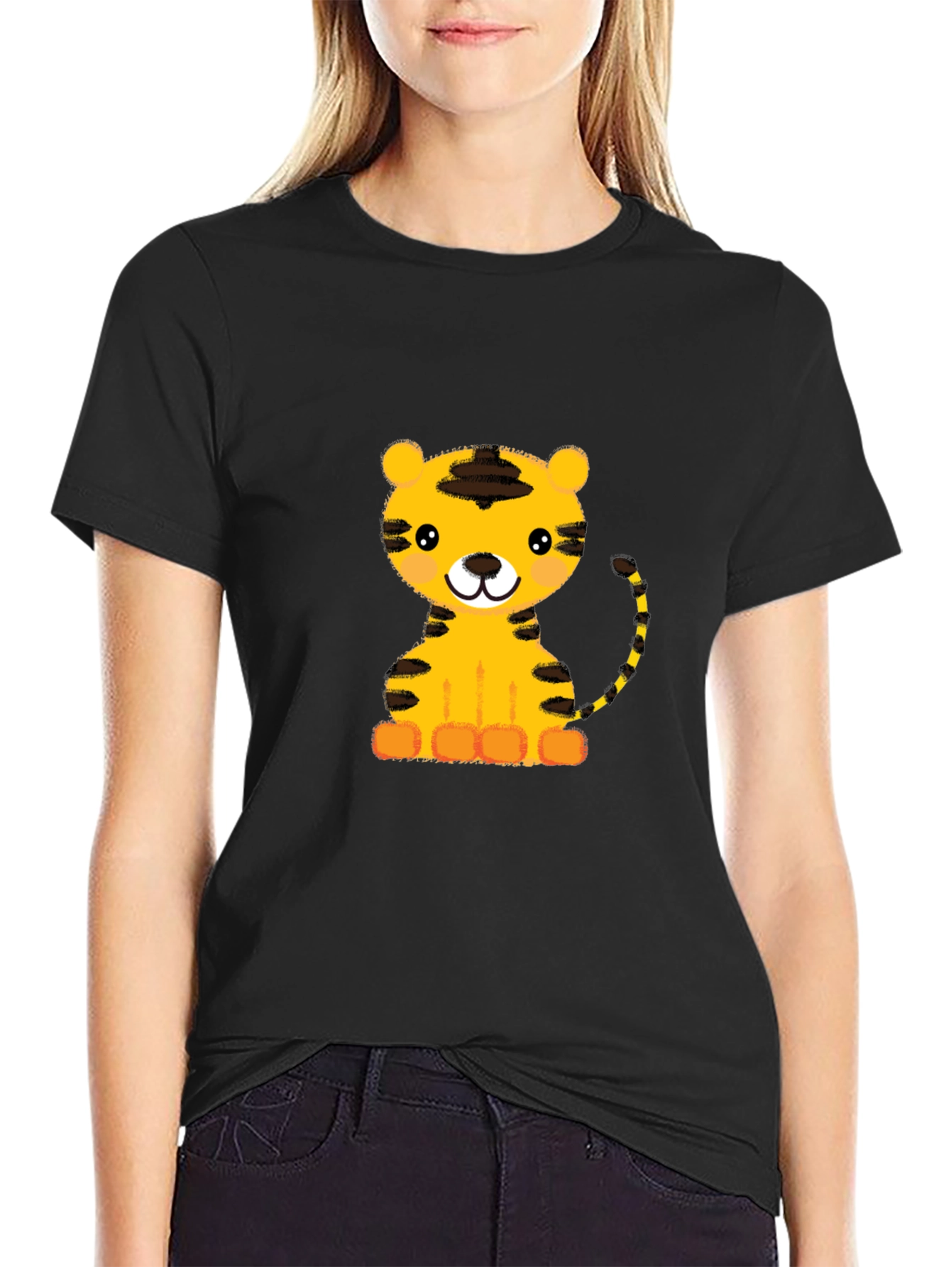 Cute Cartoon Tiger Graphic Black T-Shirt