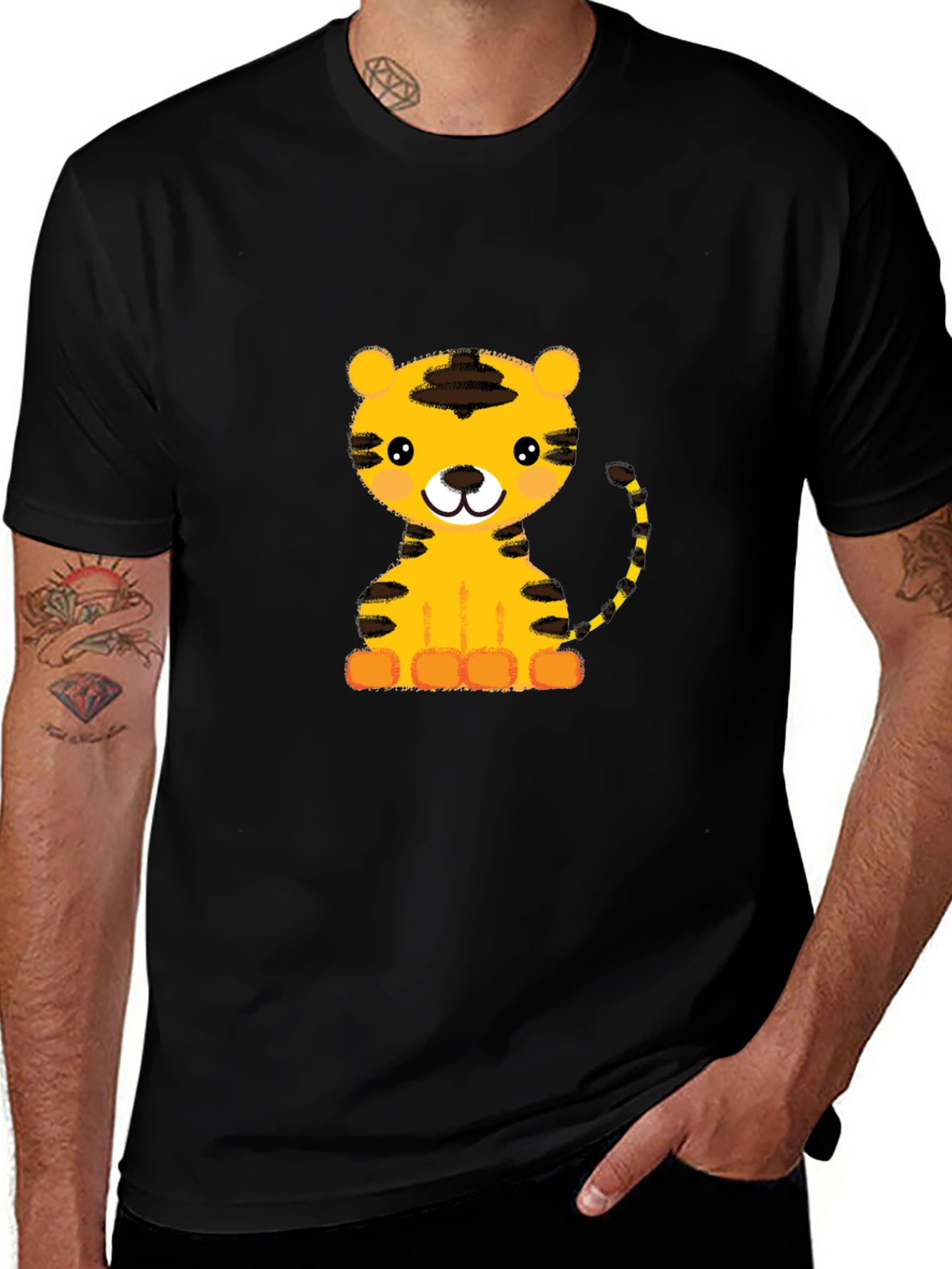 Cute Cartoon Tiger Graphic Black T-Shirt