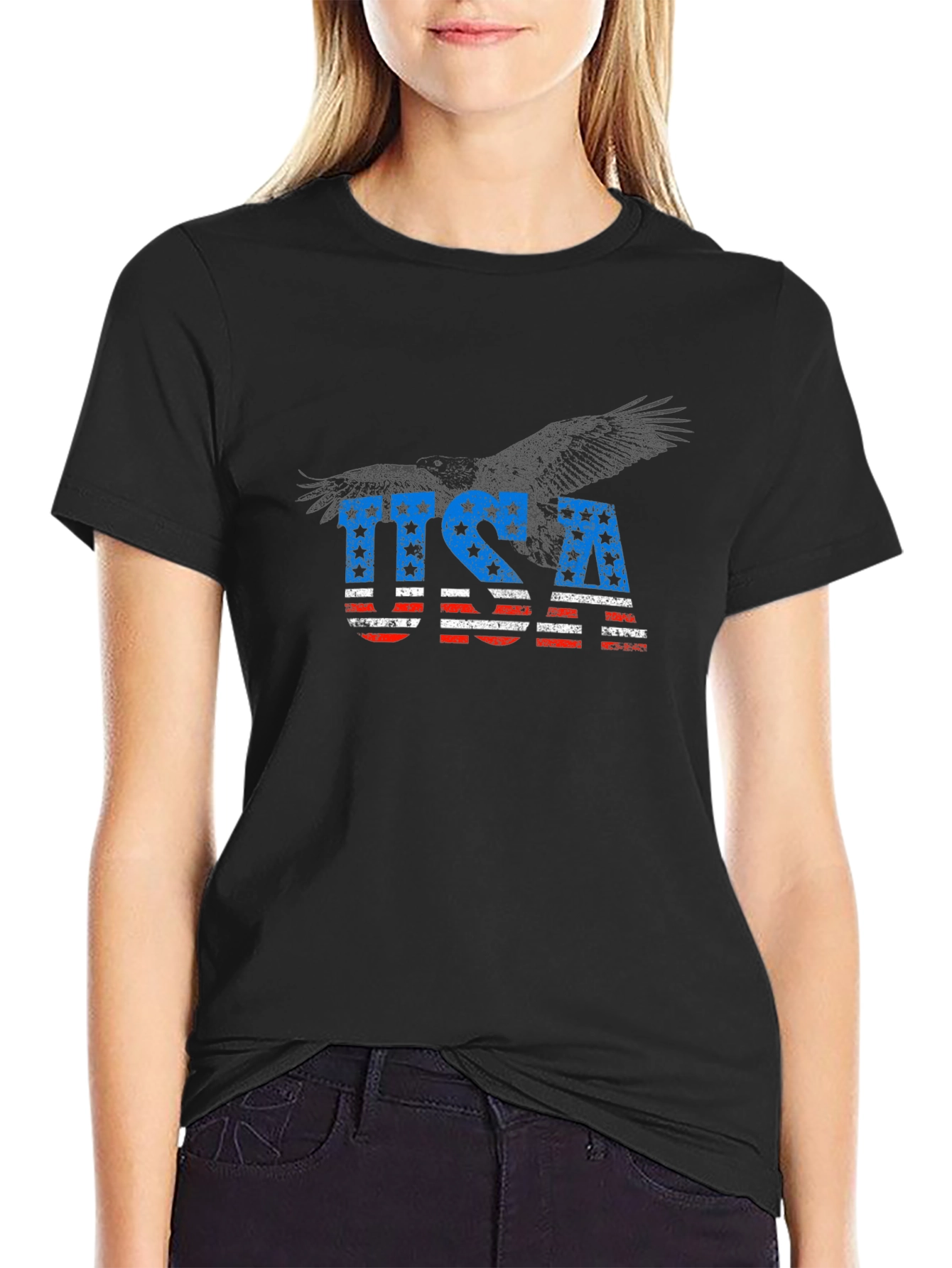 USA Flag Eagle Graphic Black T-Shirt