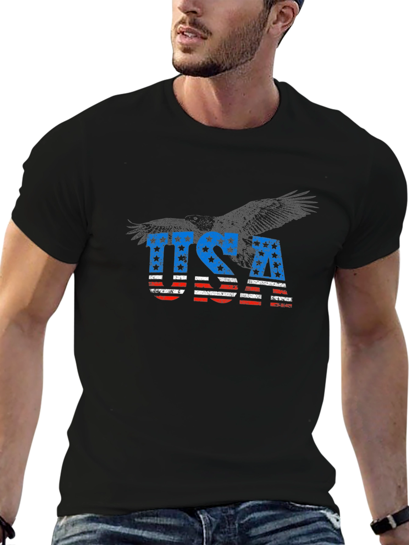 USA Flag Eagle Graphic Black T-Shirt