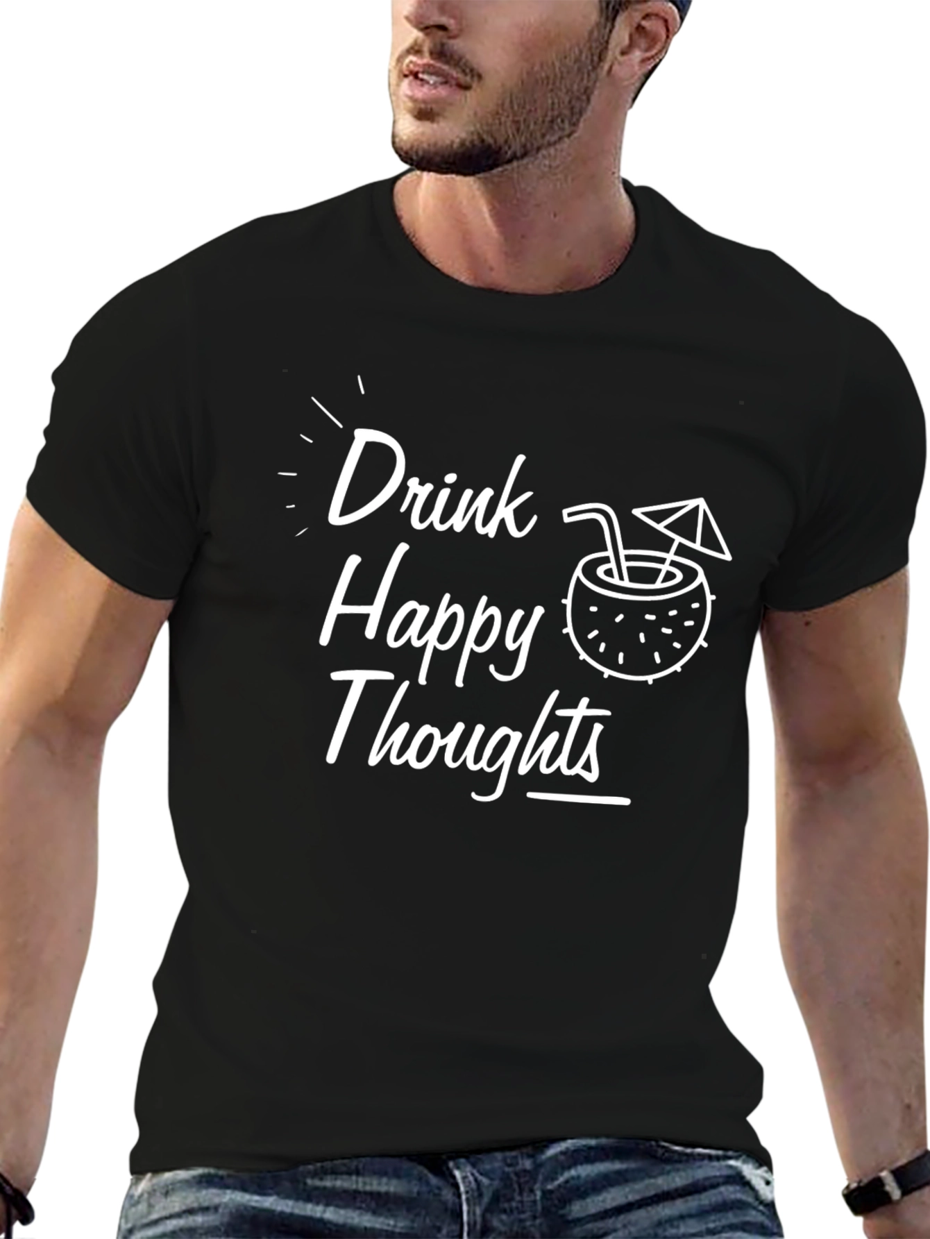 Drink Happy Thoughts Black Graphic T-Shirt