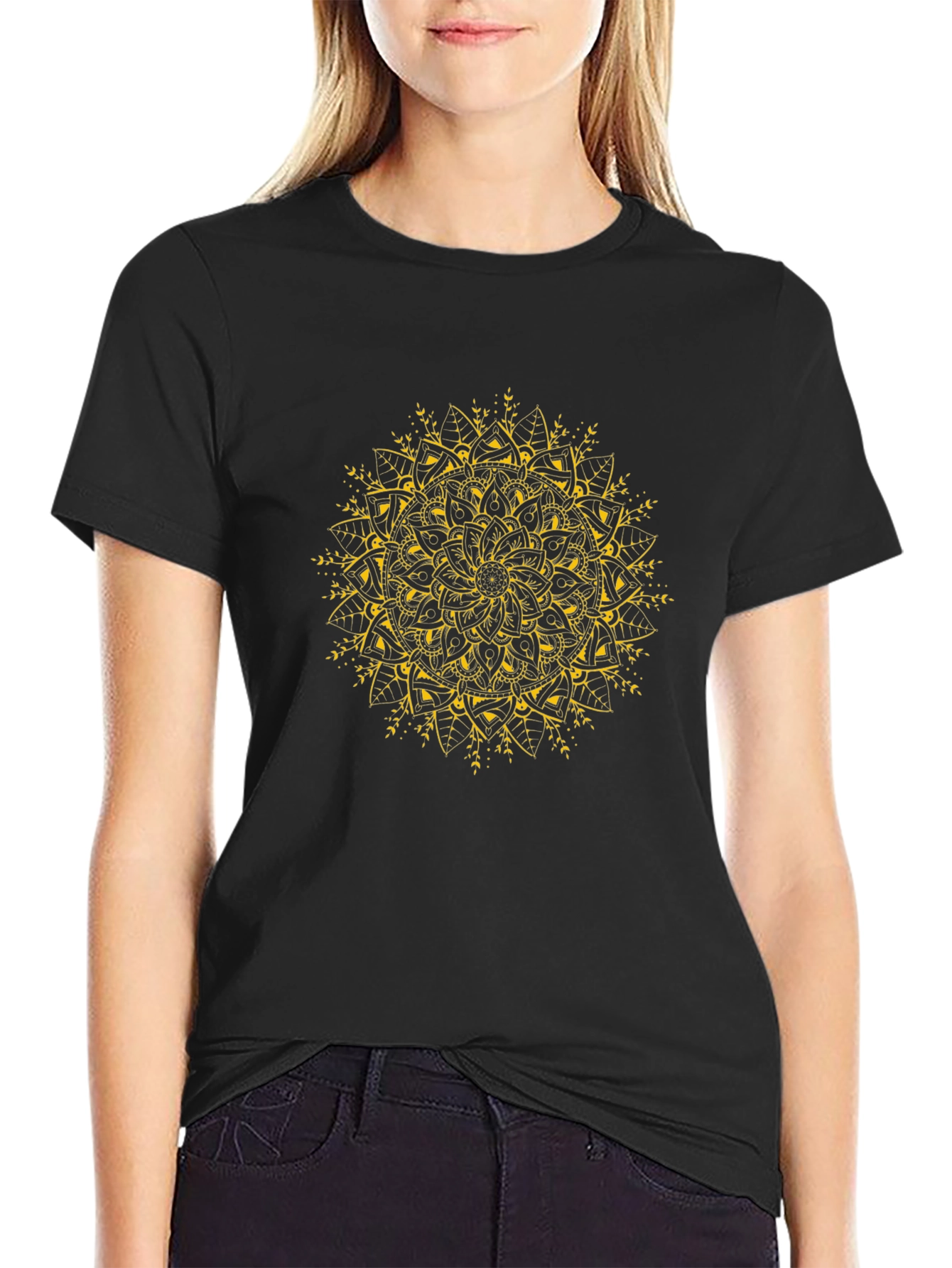 Black T-Shirt with Gold Mandala Design