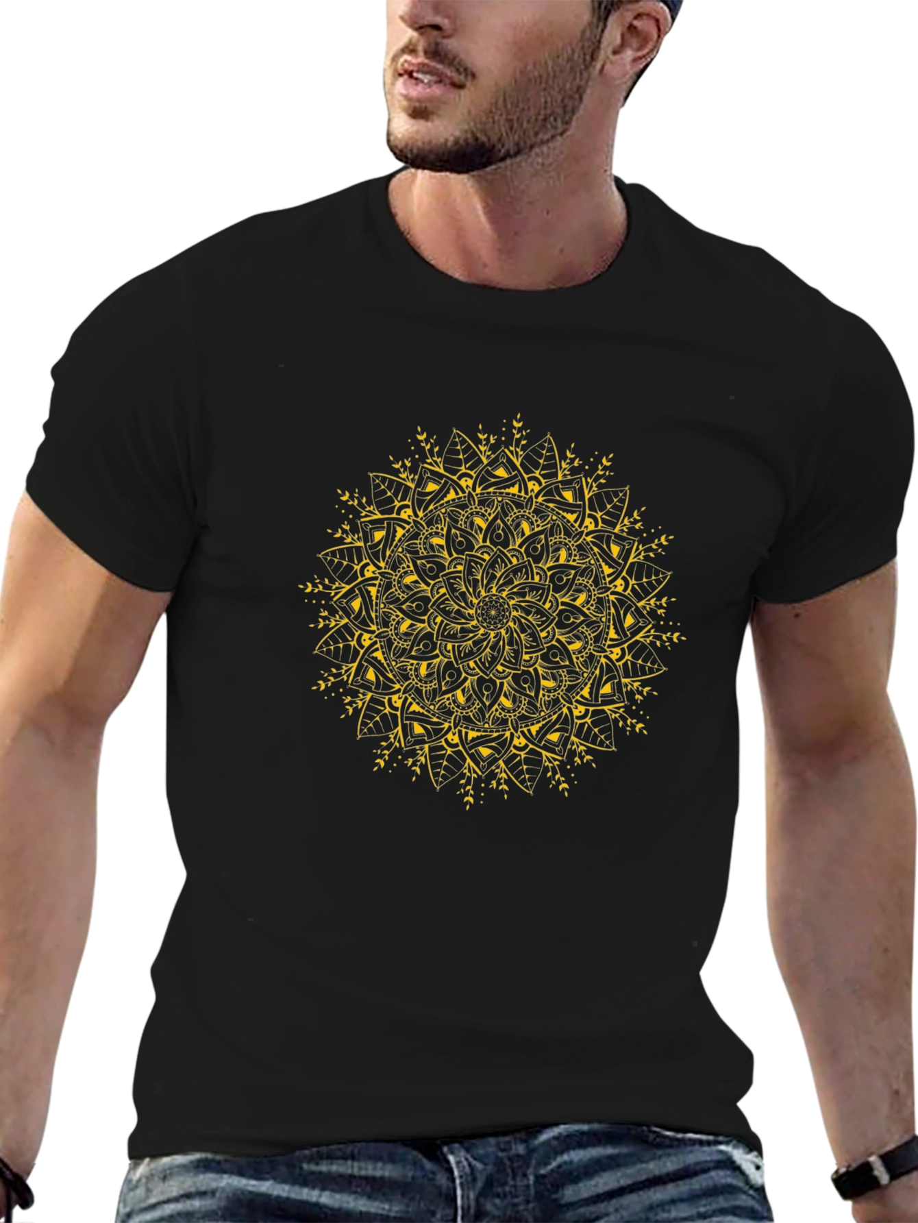 Black T-Shirt with Gold Mandala Design