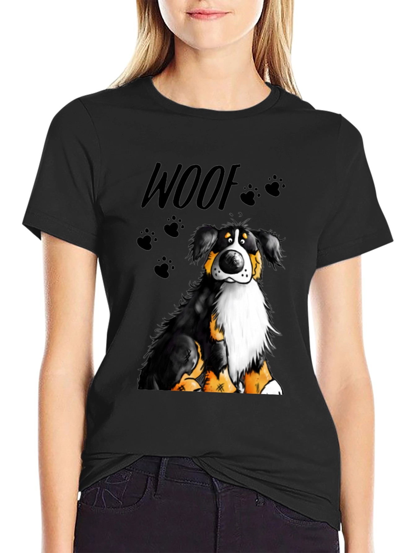 Woof Dog Graphic T-Shirt - Black Crew Neck