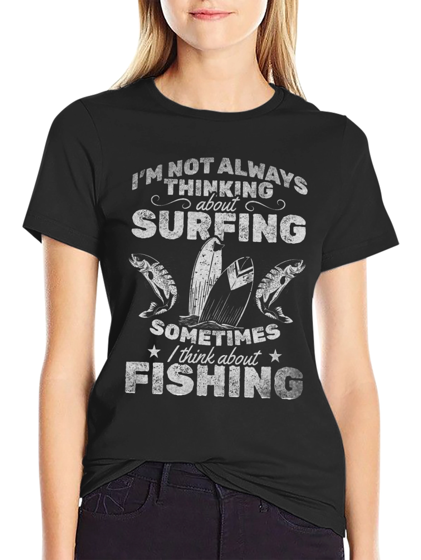 Surfing and Fishing Graphic Tee - Black