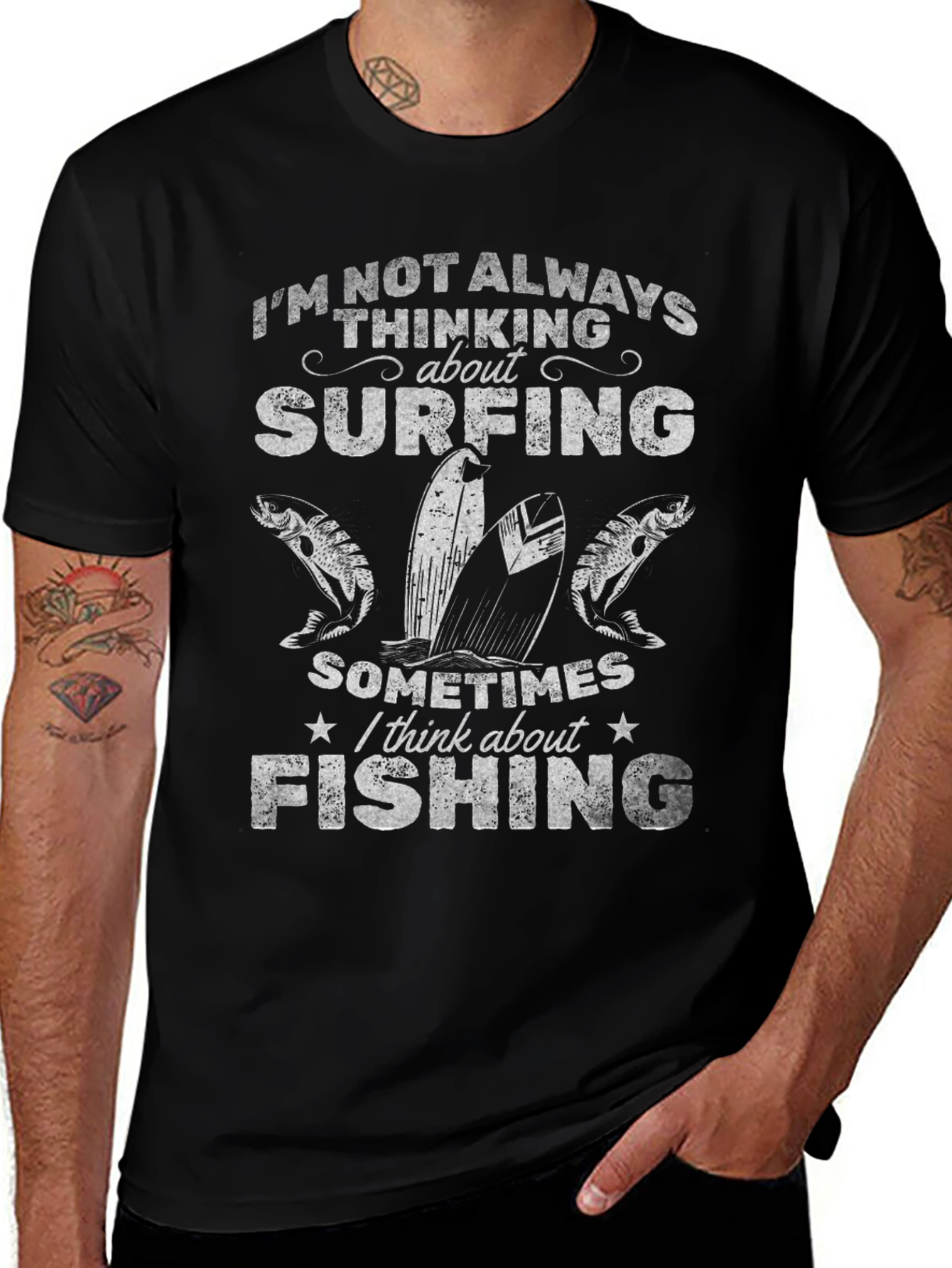 Surfing and Fishing Graphic Tee - Black