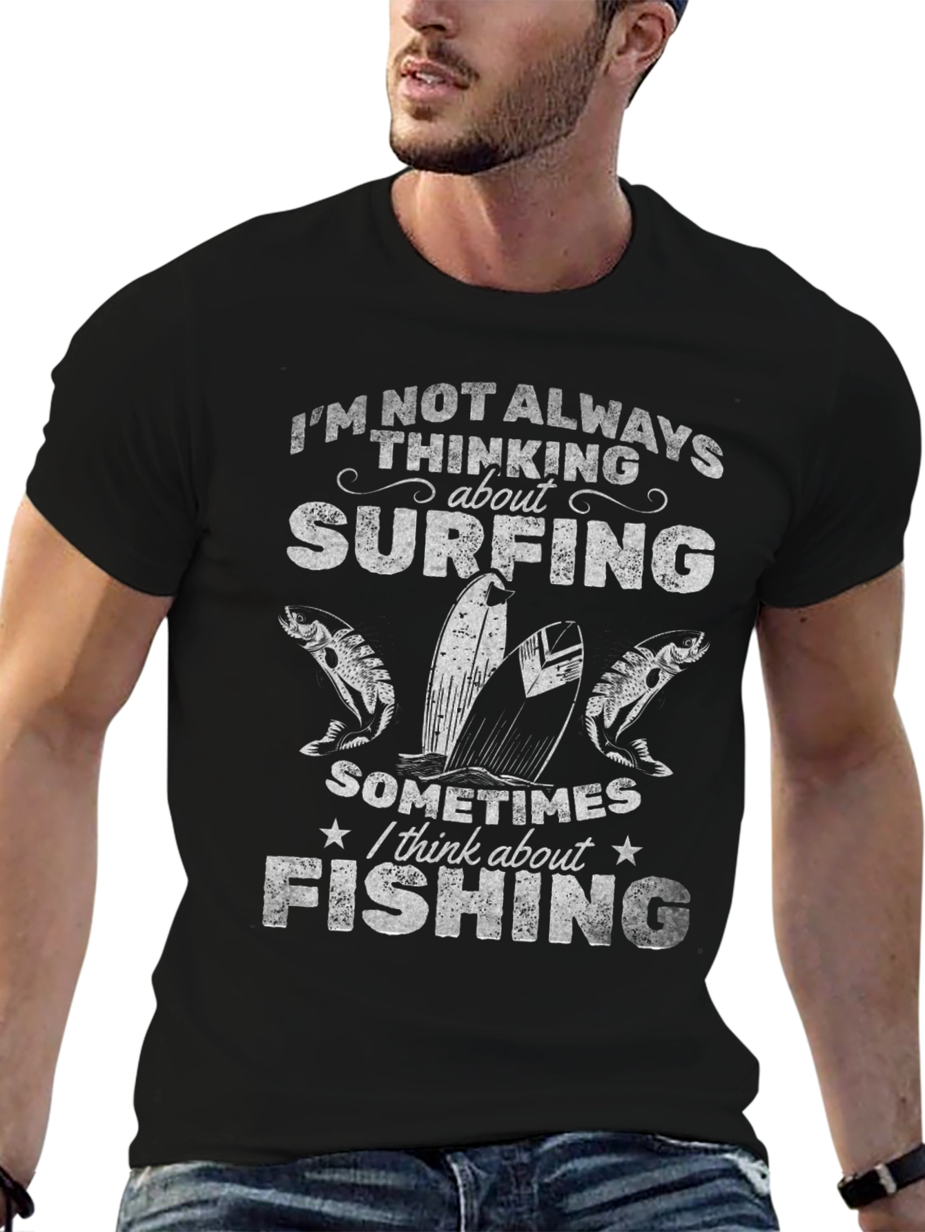 Surfing and Fishing Graphic Tee - Black