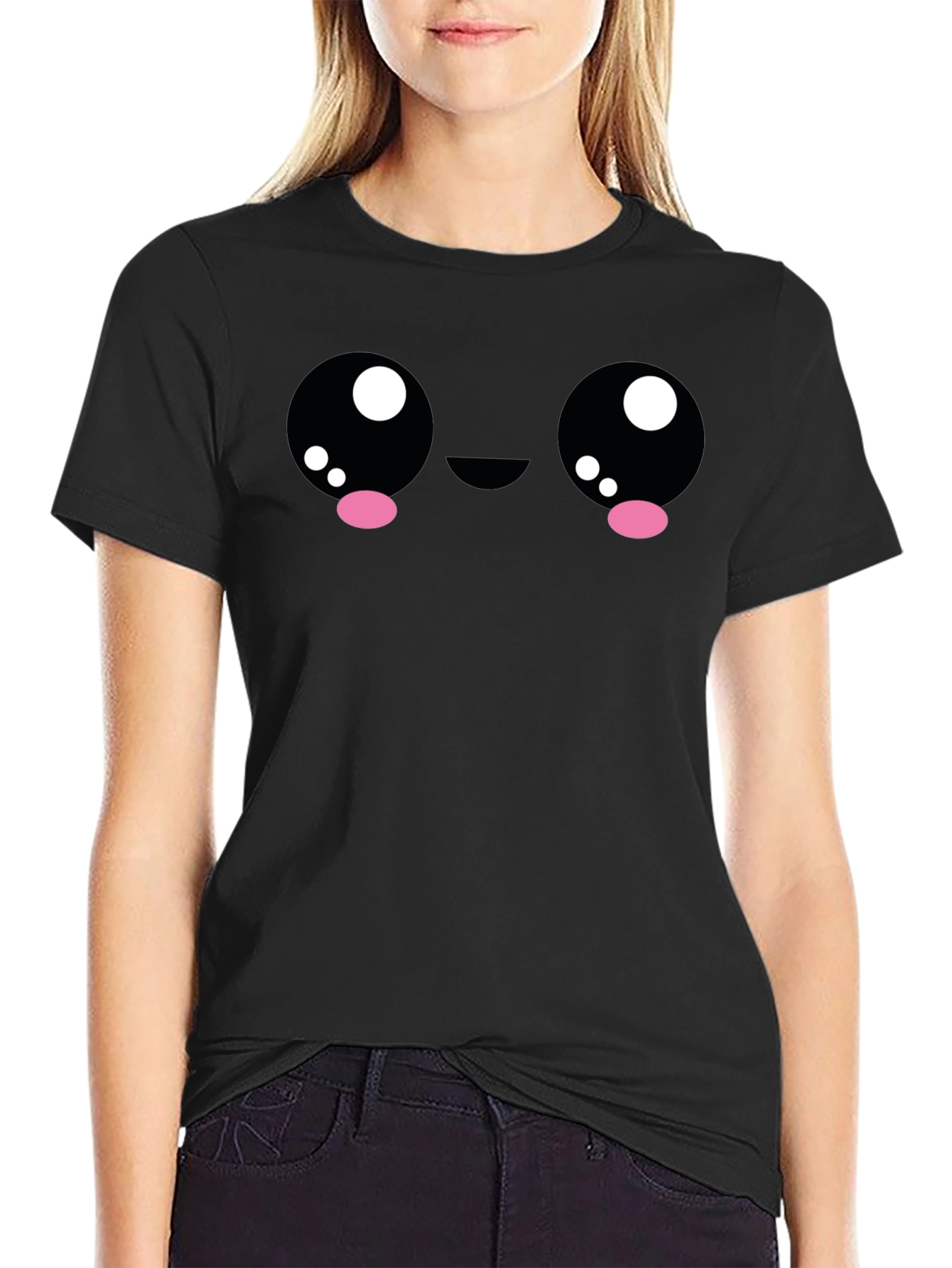 Cute Kawaii Face Graphic Black T-Shirt