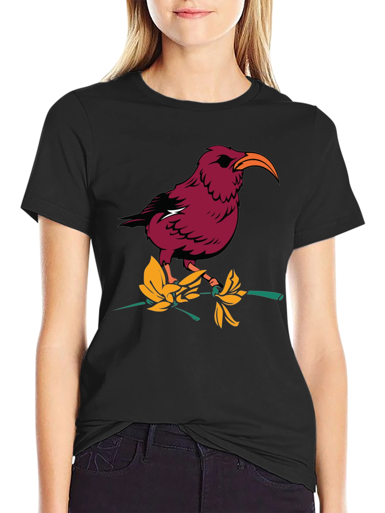Bird and Flower Graphic T-Shirt - Black