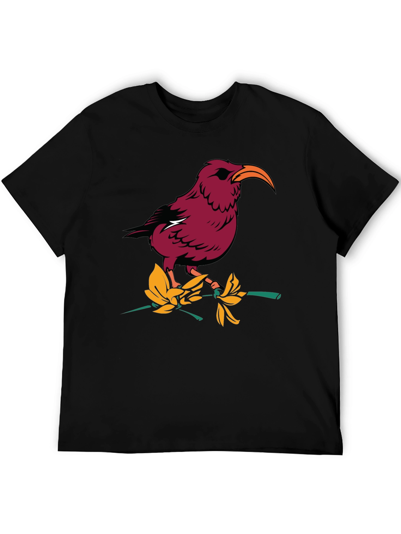 Bird and Flower Graphic T-Shirt - Black