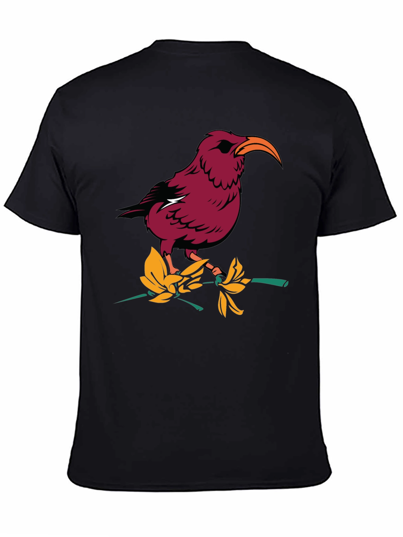 Bird and Flower Graphic T-Shirt - Black