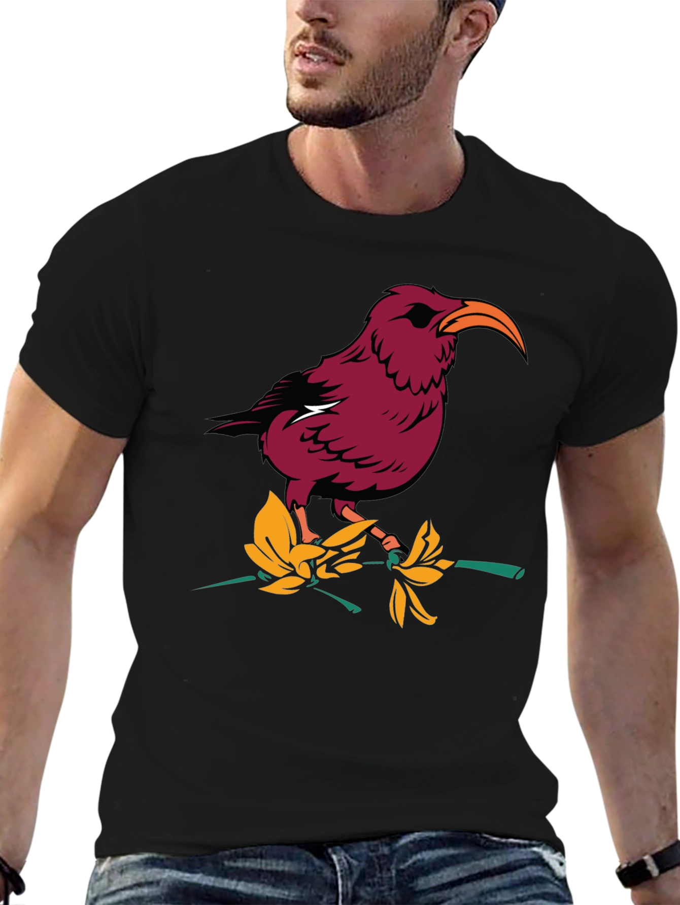 Bird and Flower Graphic T-Shirt - Black
