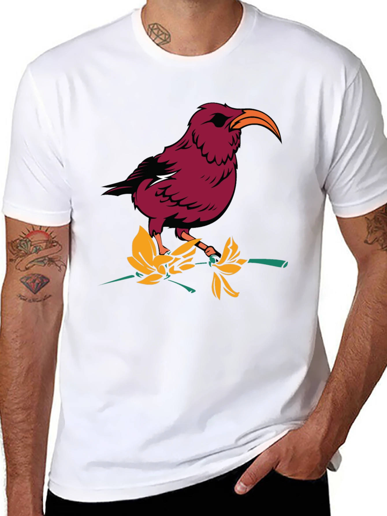 Bird and Flower Graphic T-Shirt - Black
