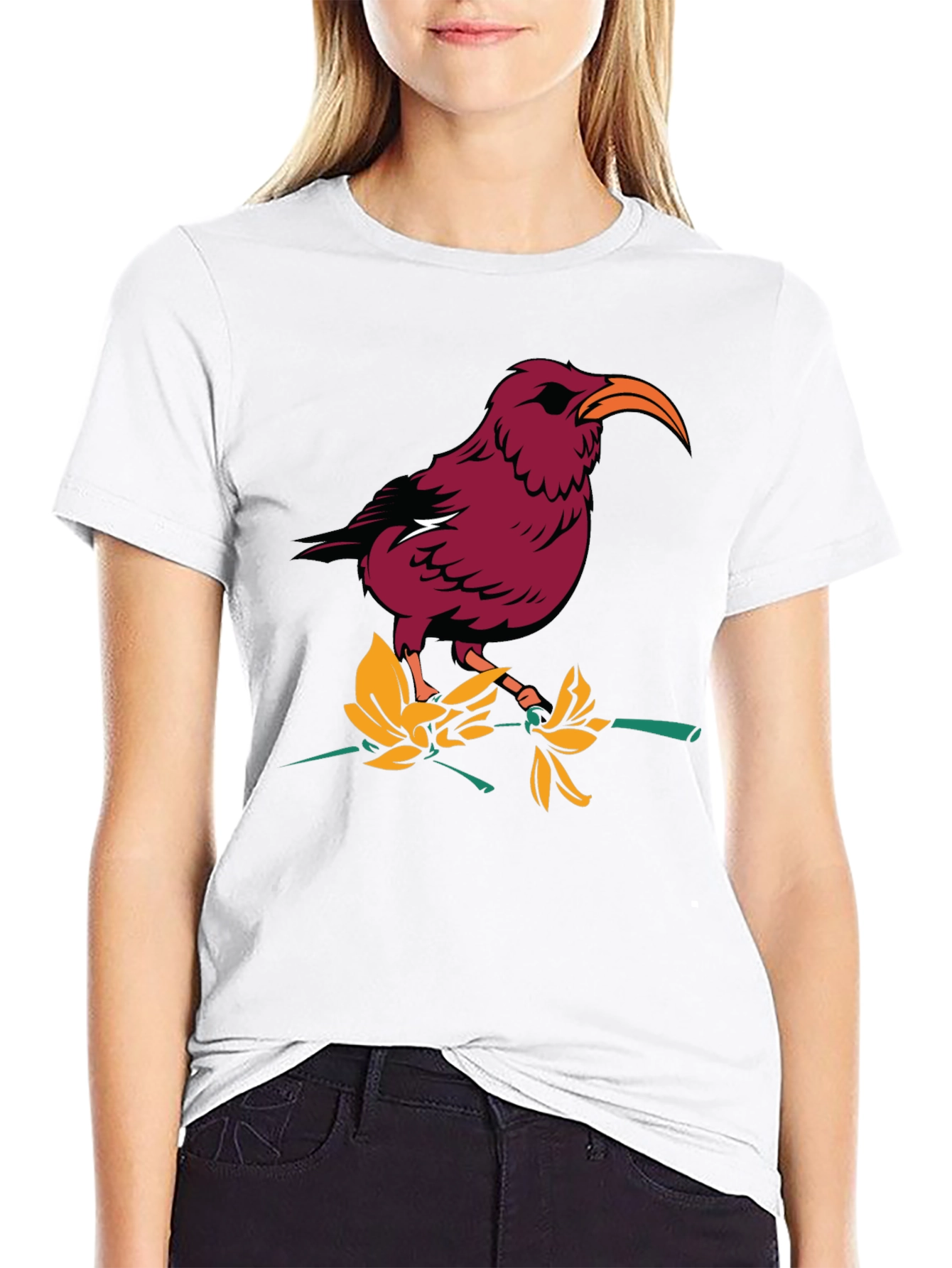 Bird and Flower Graphic T-Shirt - Black