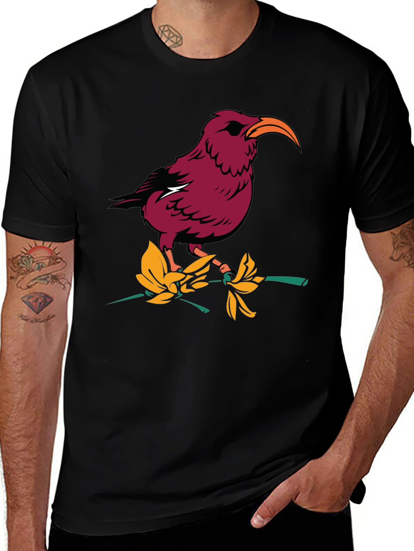 Bird and Flower Graphic T-Shirt - Black