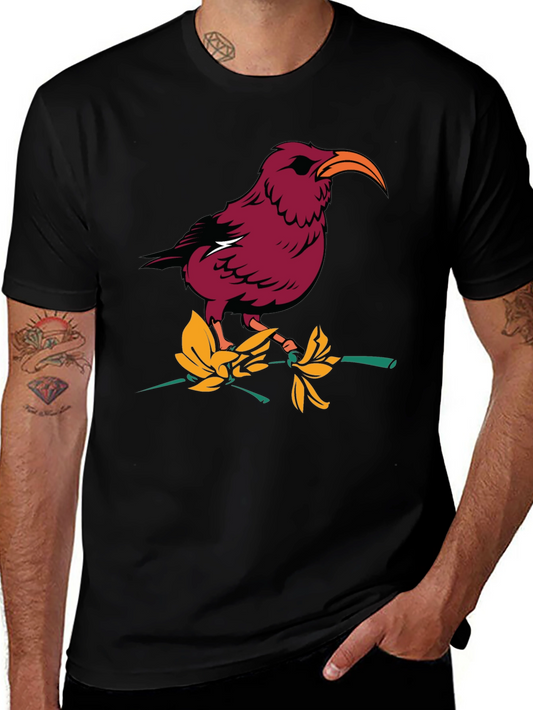 Bird and Flower Graphic T-Shirt - Black
