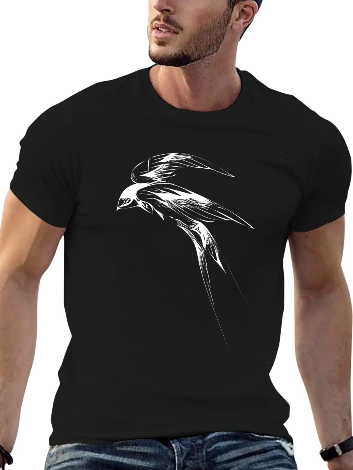 Black T-Shirt with Abstract Bird Graphic