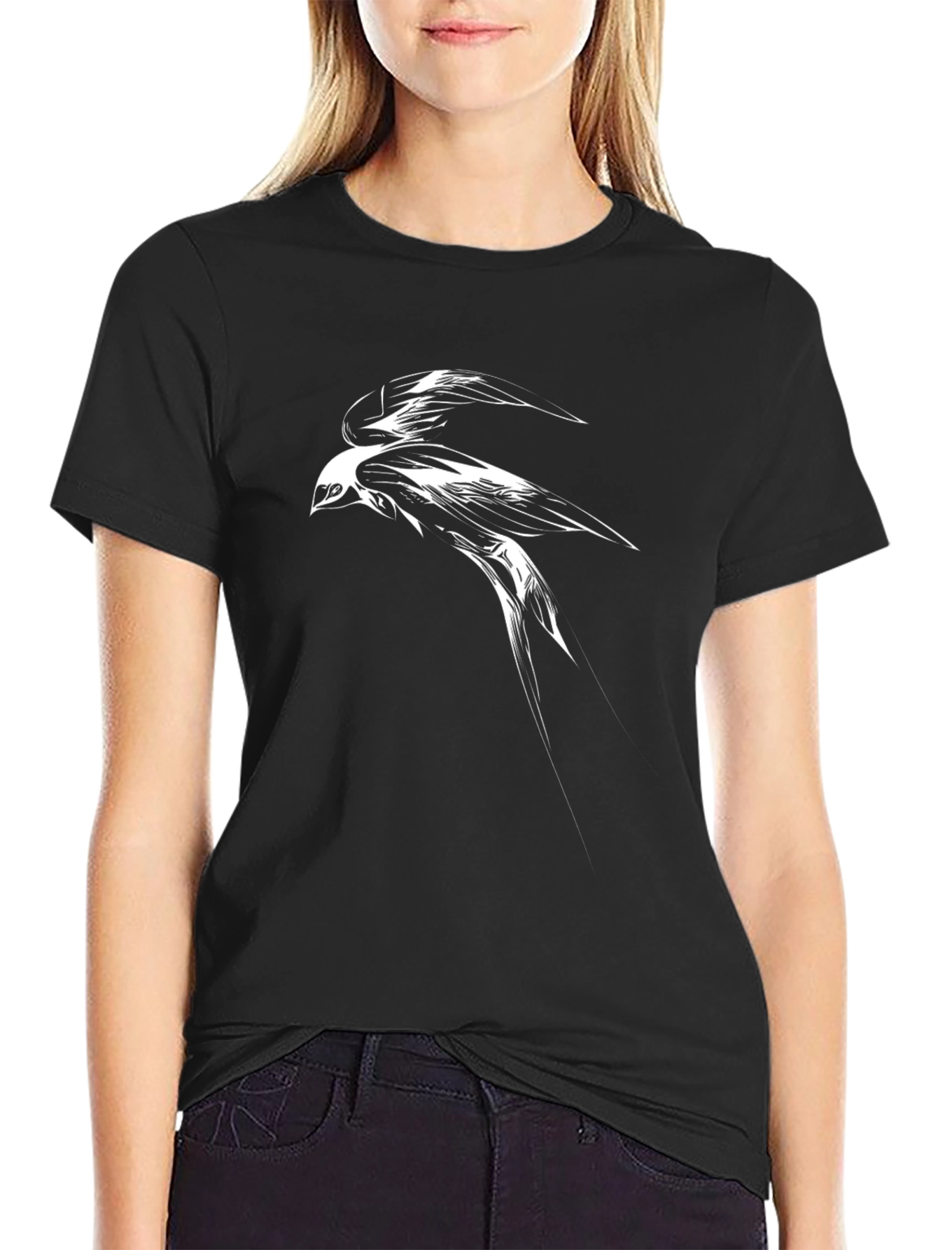 Black T-Shirt with Abstract Bird Graphic