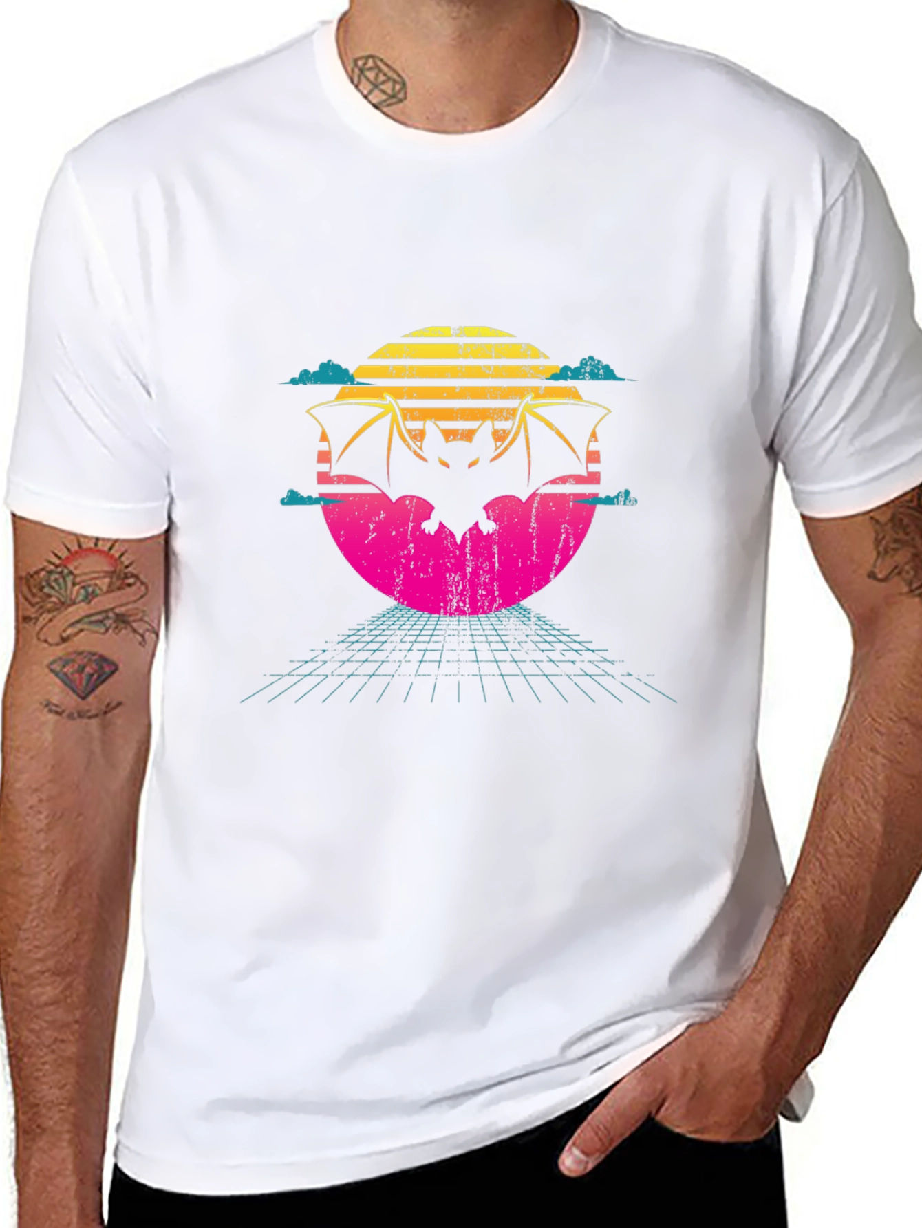 Retro Bat T-Shirt - 80s Sunset Design