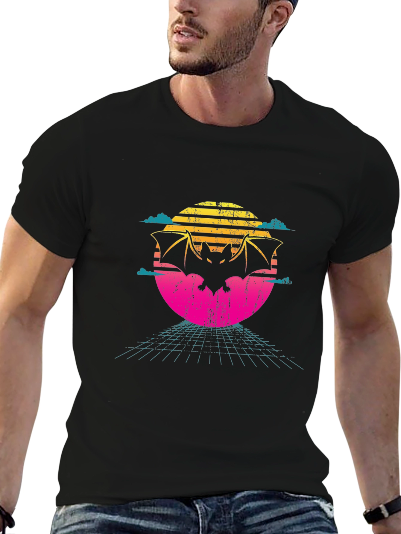 Retro Bat T-Shirt - 80s Sunset Design