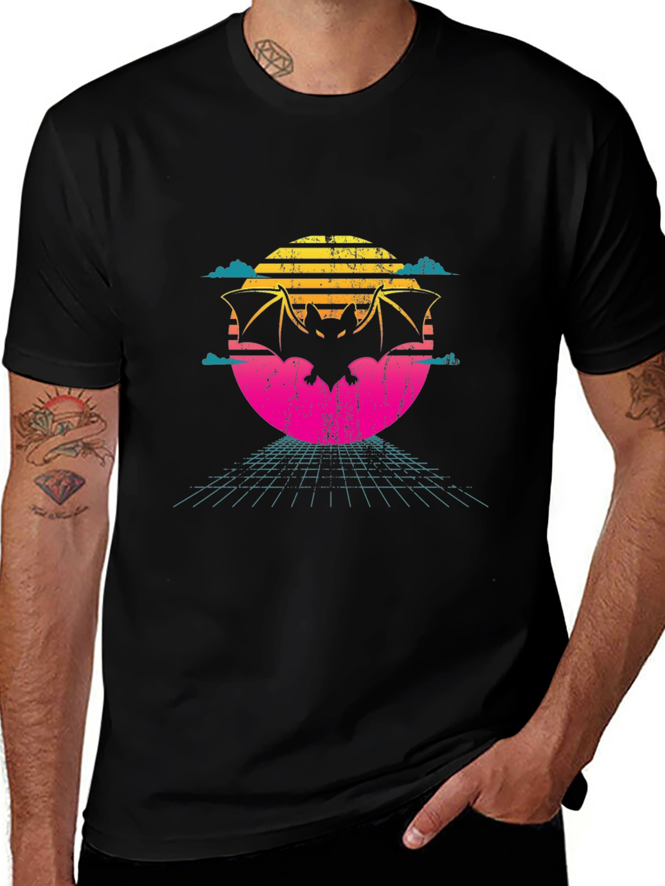 Retro Bat T-Shirt - 80s Sunset Design