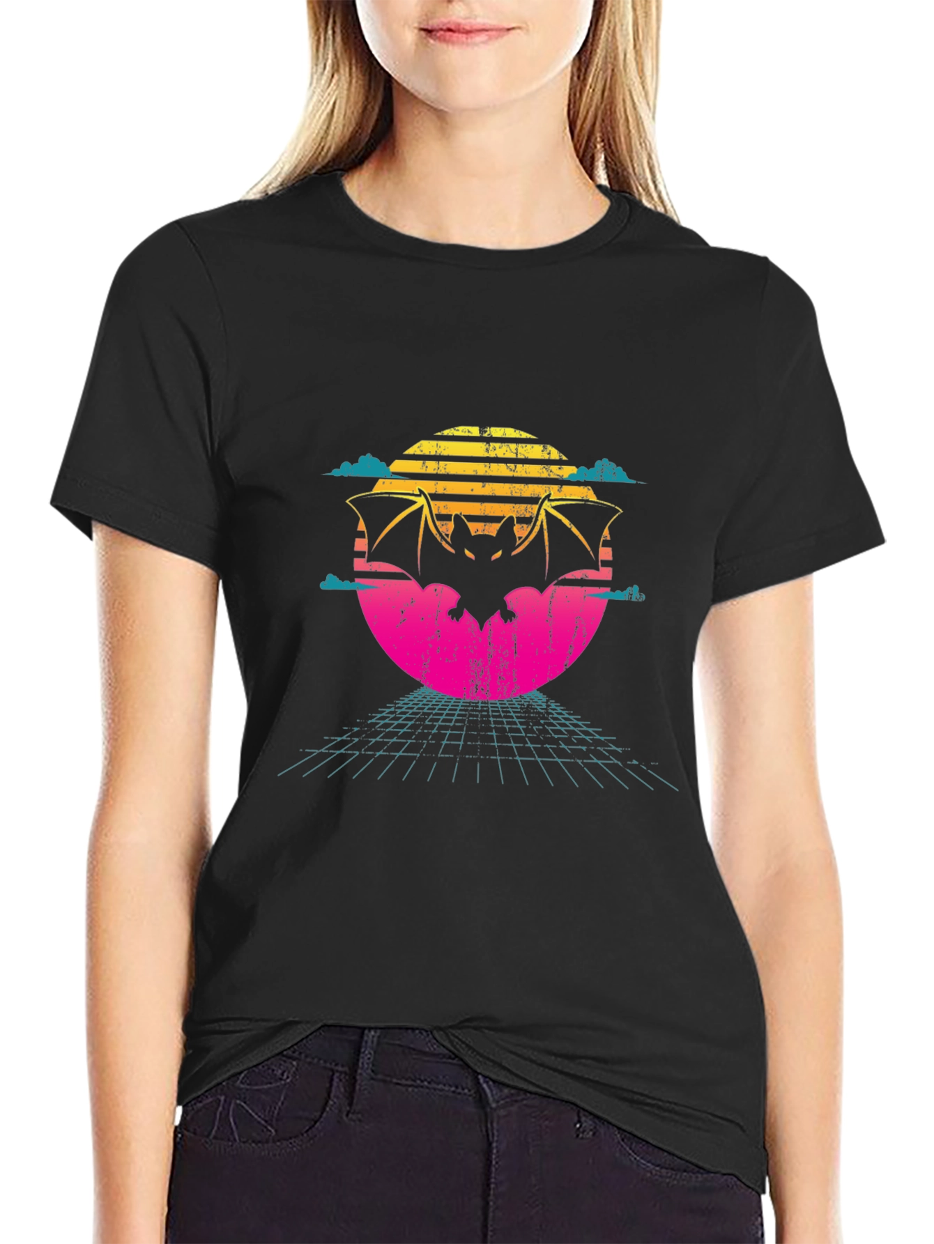 Retro Bat T-Shirt - 80s Sunset Design
