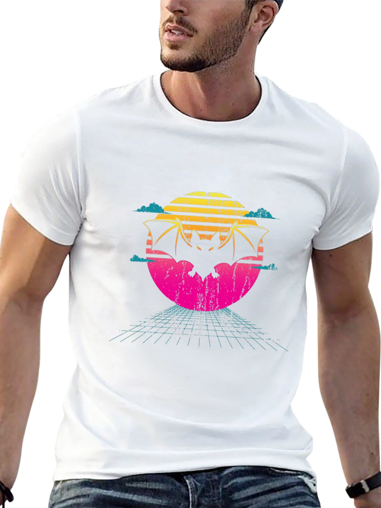 Retro Bat T-Shirt - 80s Sunset Design