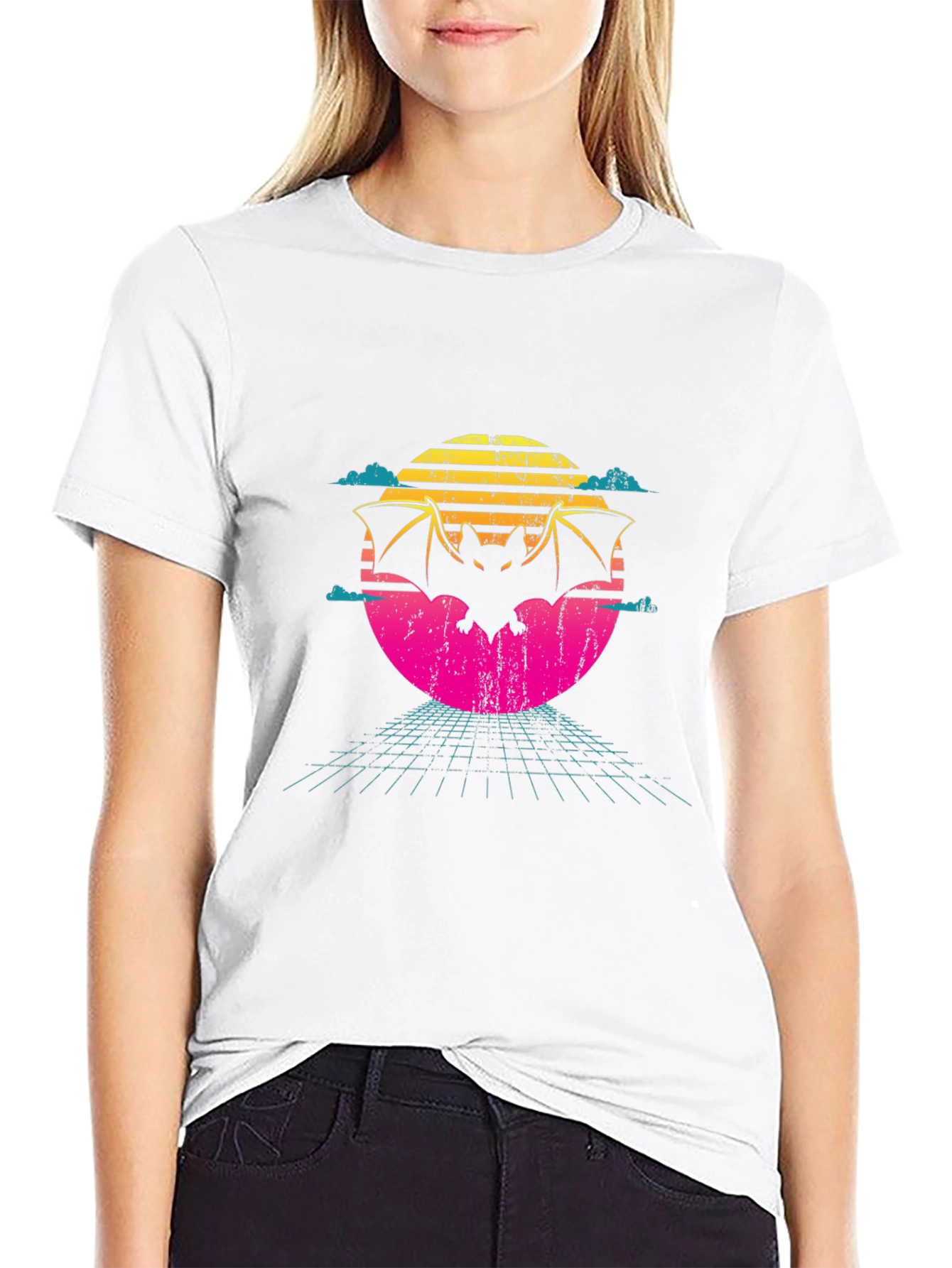 Retro Bat T-Shirt - 80s Sunset Design