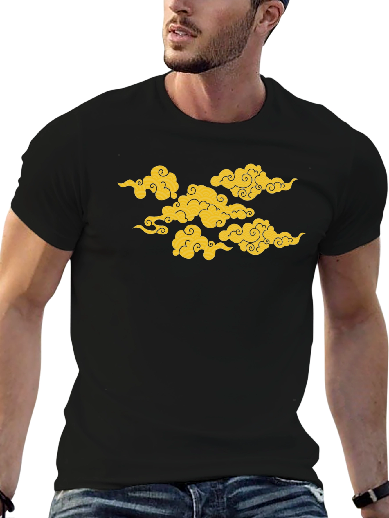 Black T-Shirt with Golden Cloud Design