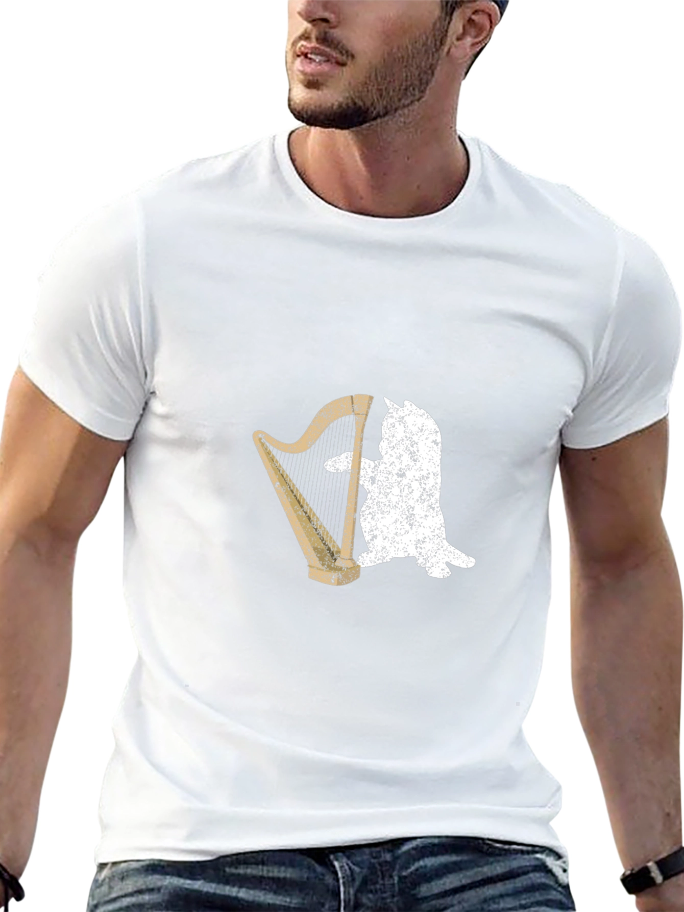 Cat Playing Harp Graphic T-Shirt