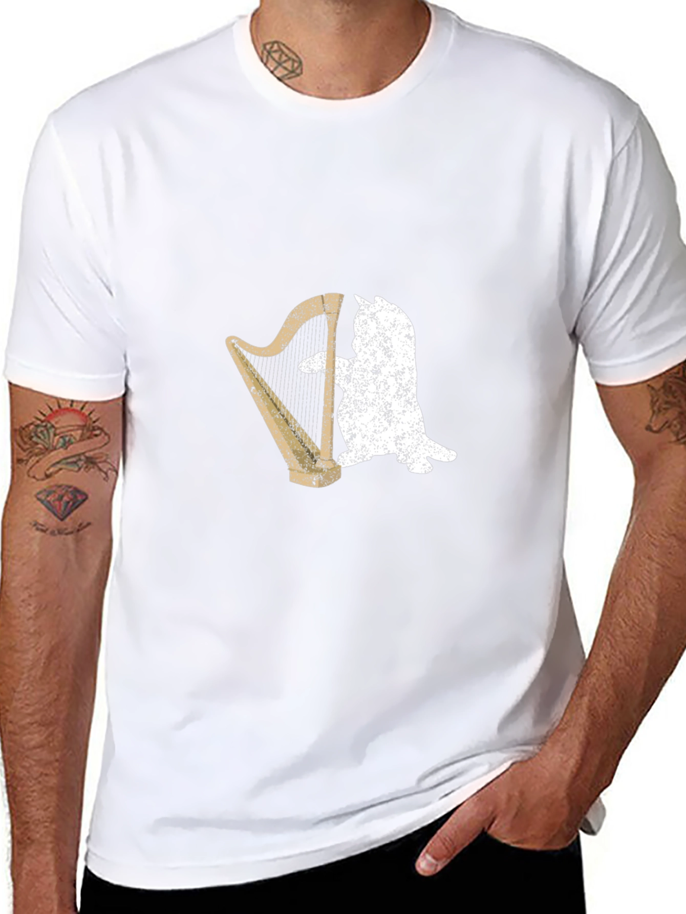 Cat Playing Harp Graphic T-Shirt