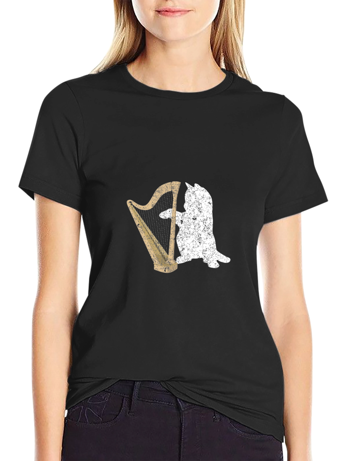 Cat Playing Harp Graphic T-Shirt