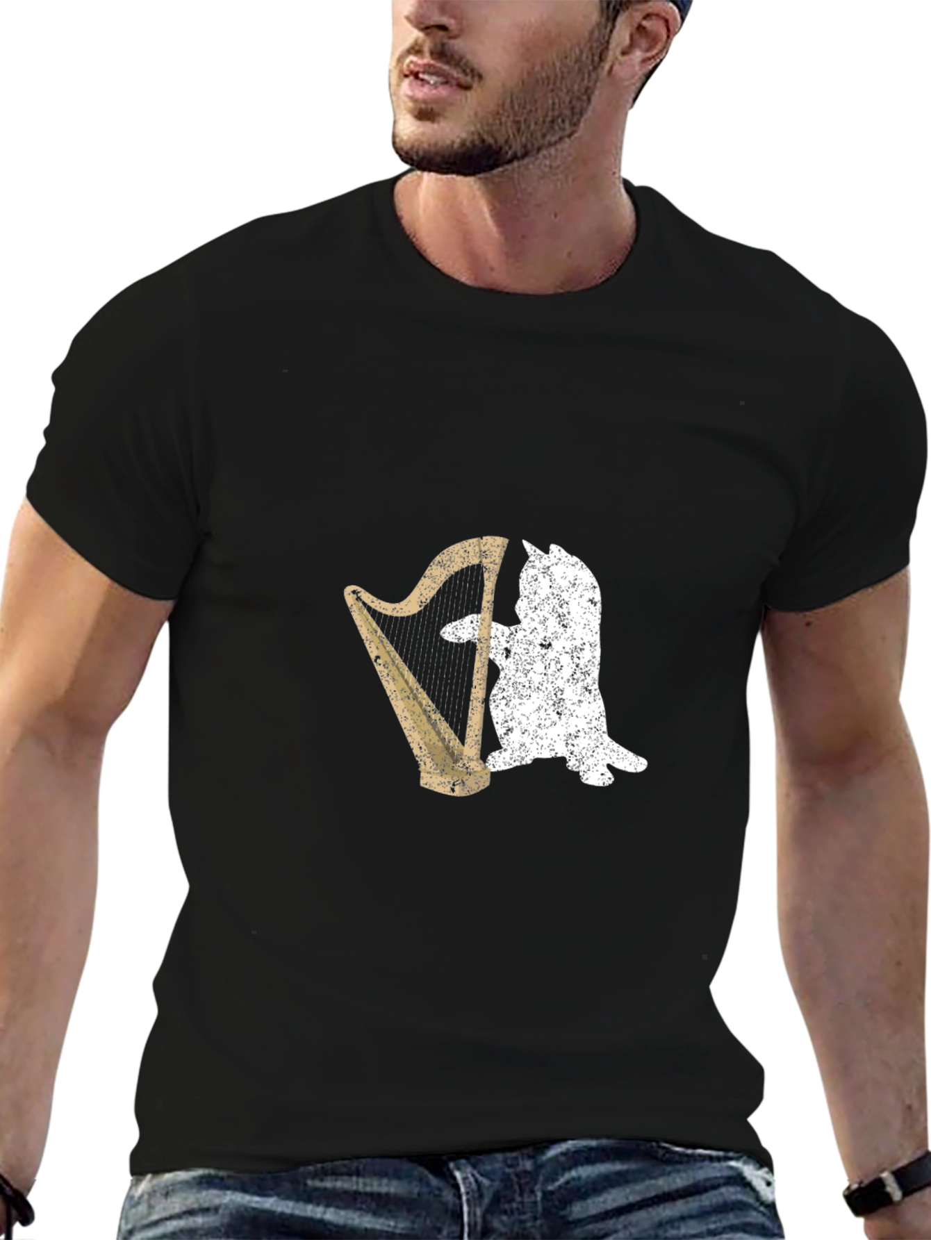 Cat Playing Harp Graphic T-Shirt