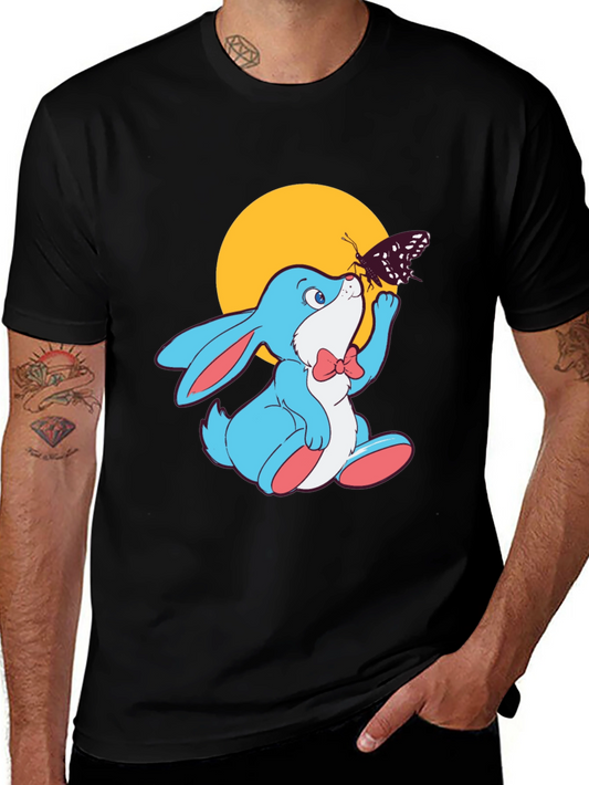 Cute Bunny & Butterfly Black T-Shirt