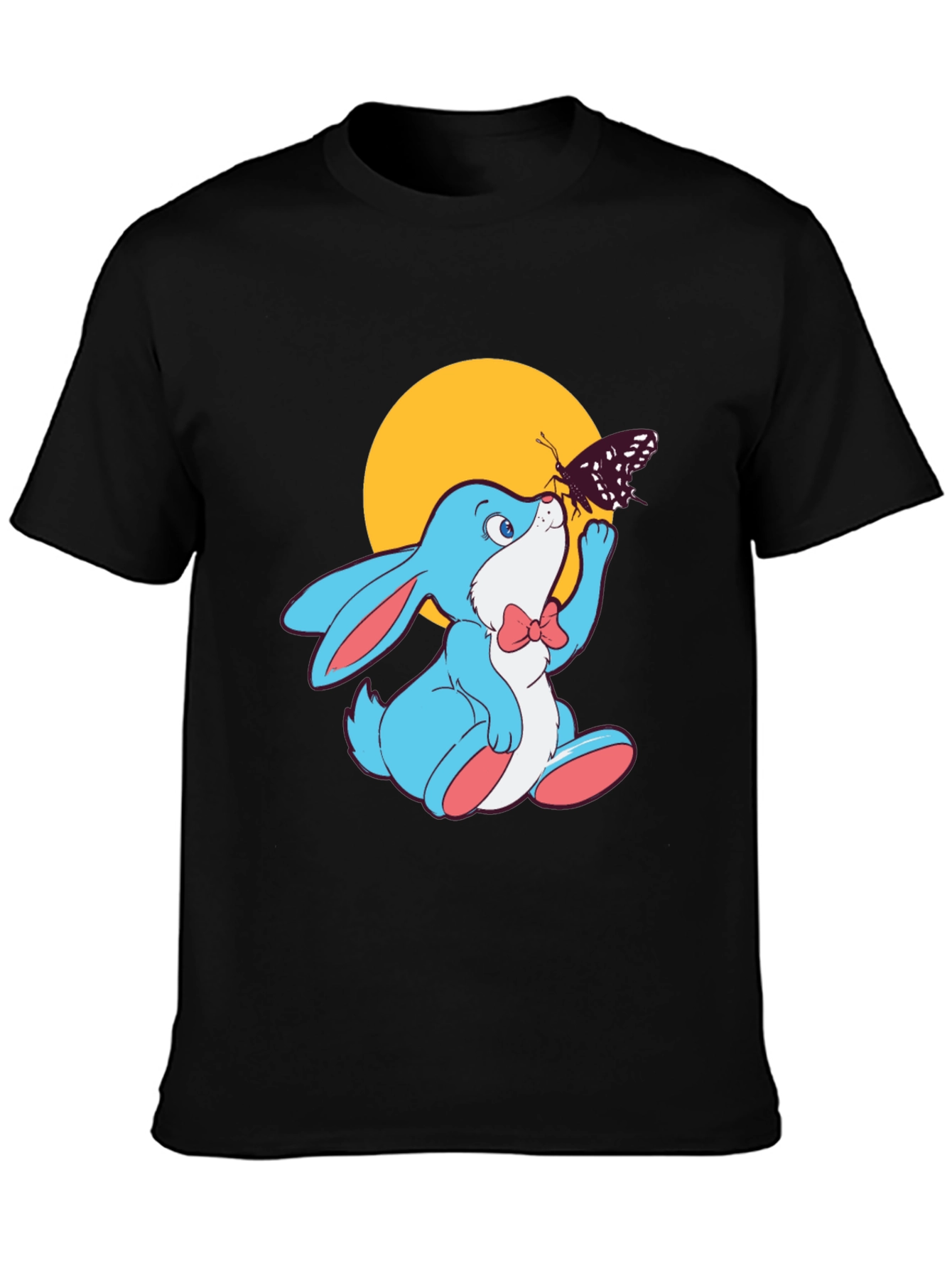 Cute Bunny & Butterfly Black T-Shirt