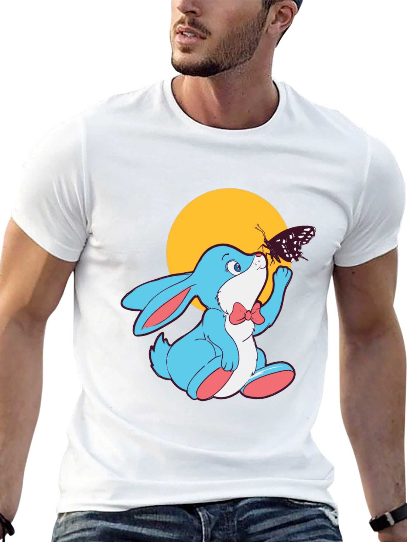 Cute Bunny & Butterfly Black T-Shirt